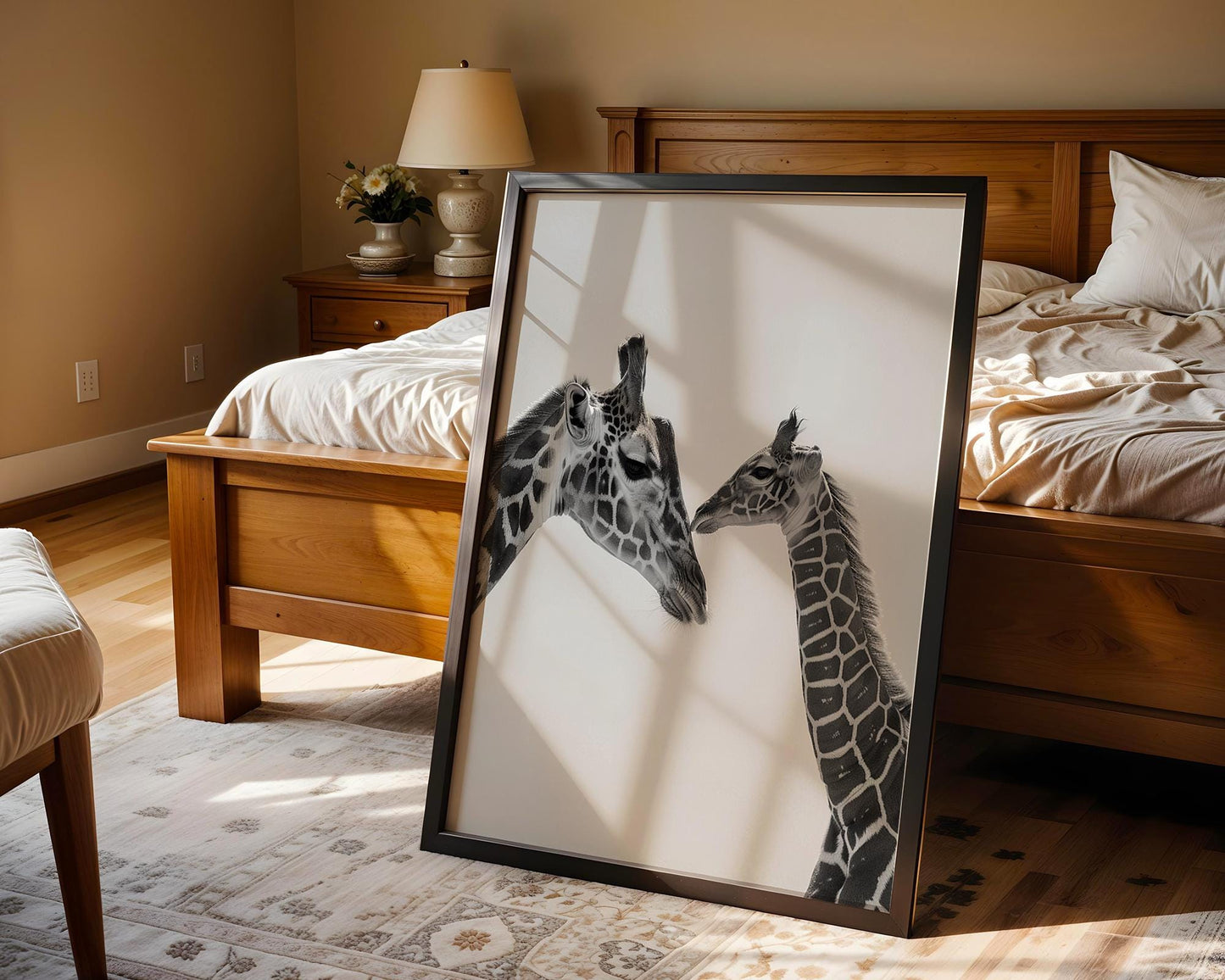 Wildlife Poster | Giraffe Mother and Calf Print | Minimalist  Photography wall art print, minimalist black and white poster, modern Scandinavian wall decor, Monohaus