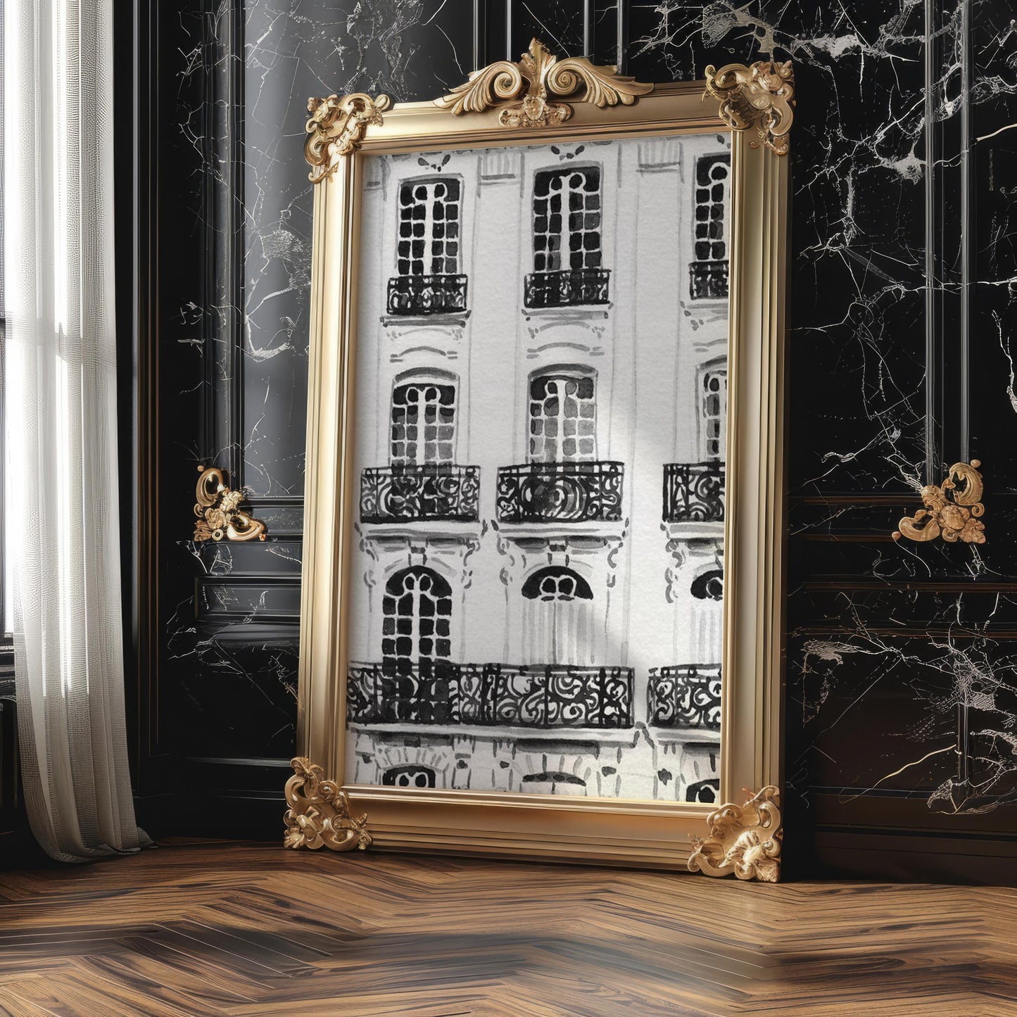 Designer Wall Art | Paris Haussmann Architecture Print | Black & White Balcony wall art print, black and white architectural poster, minimalist modern Scandinavian wall decor, Monohaus