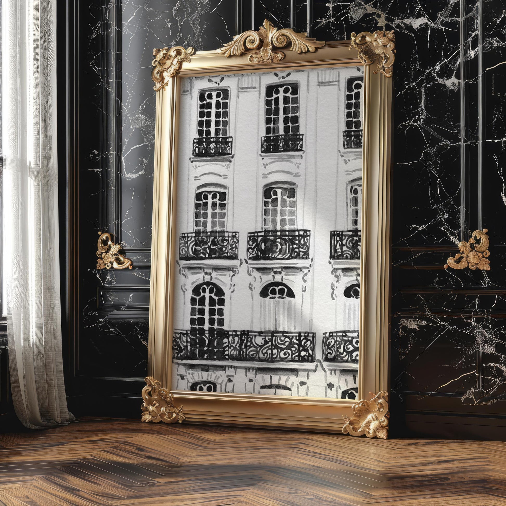 Designer Wall Art | Paris Haussmann Architecture Print | Black & White Balcony wall art print, black and white architectural poster, minimalist modern Scandinavian wall decor, Monohaus