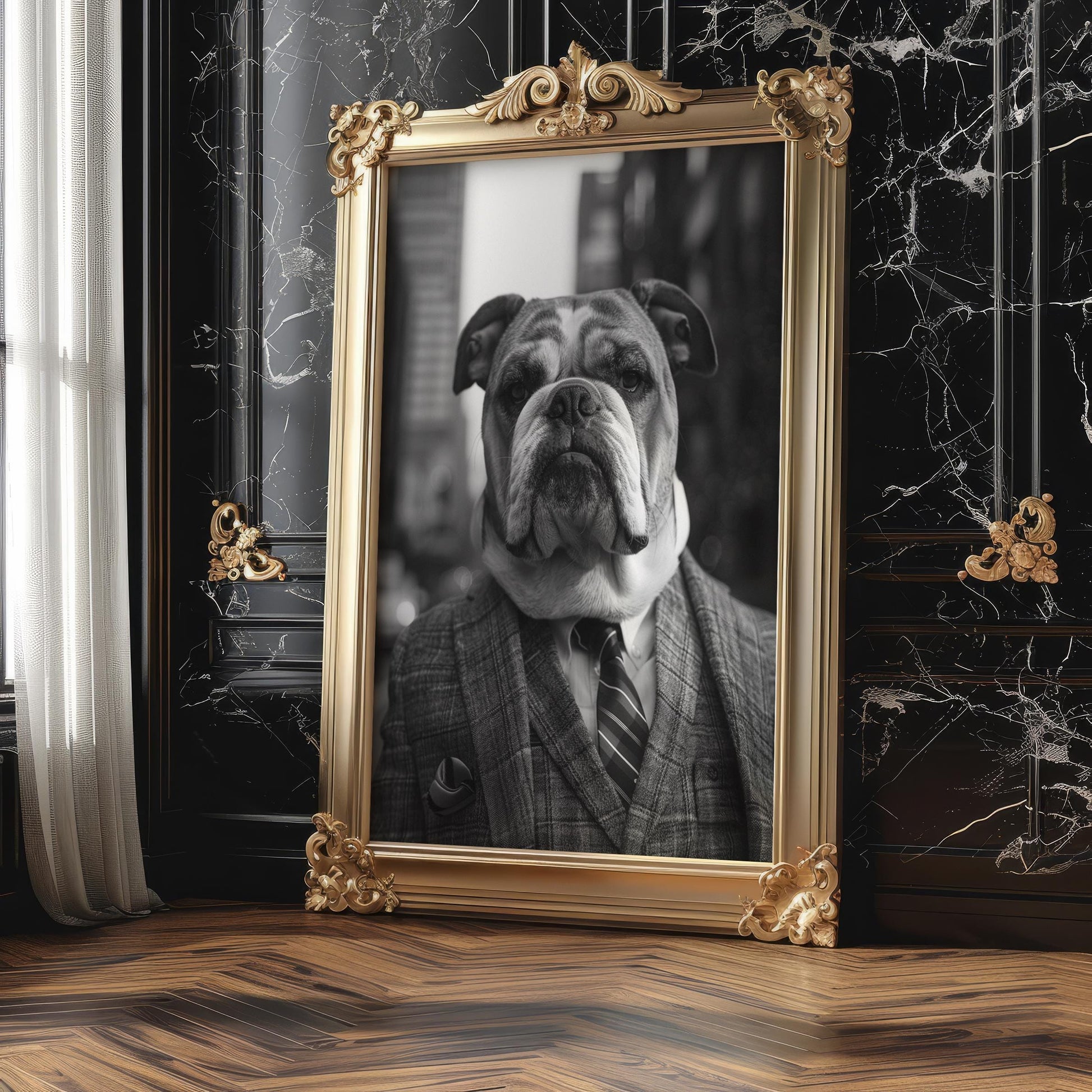 Dog Photography Bulldog in Plaid Suit Art Print | Dapper Animal Portrait wall art print, minimalist black and white poster, modern Scandinavian wall decor, Monohaus