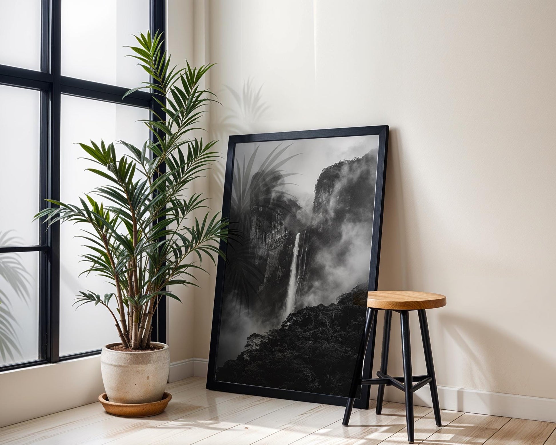 World Landmark | Andes Waterfall Photography Print | Black and White Minimalist Wall Art wall art print, minimalist black and white poster, modern Scandinavian wall decor, Monohaus