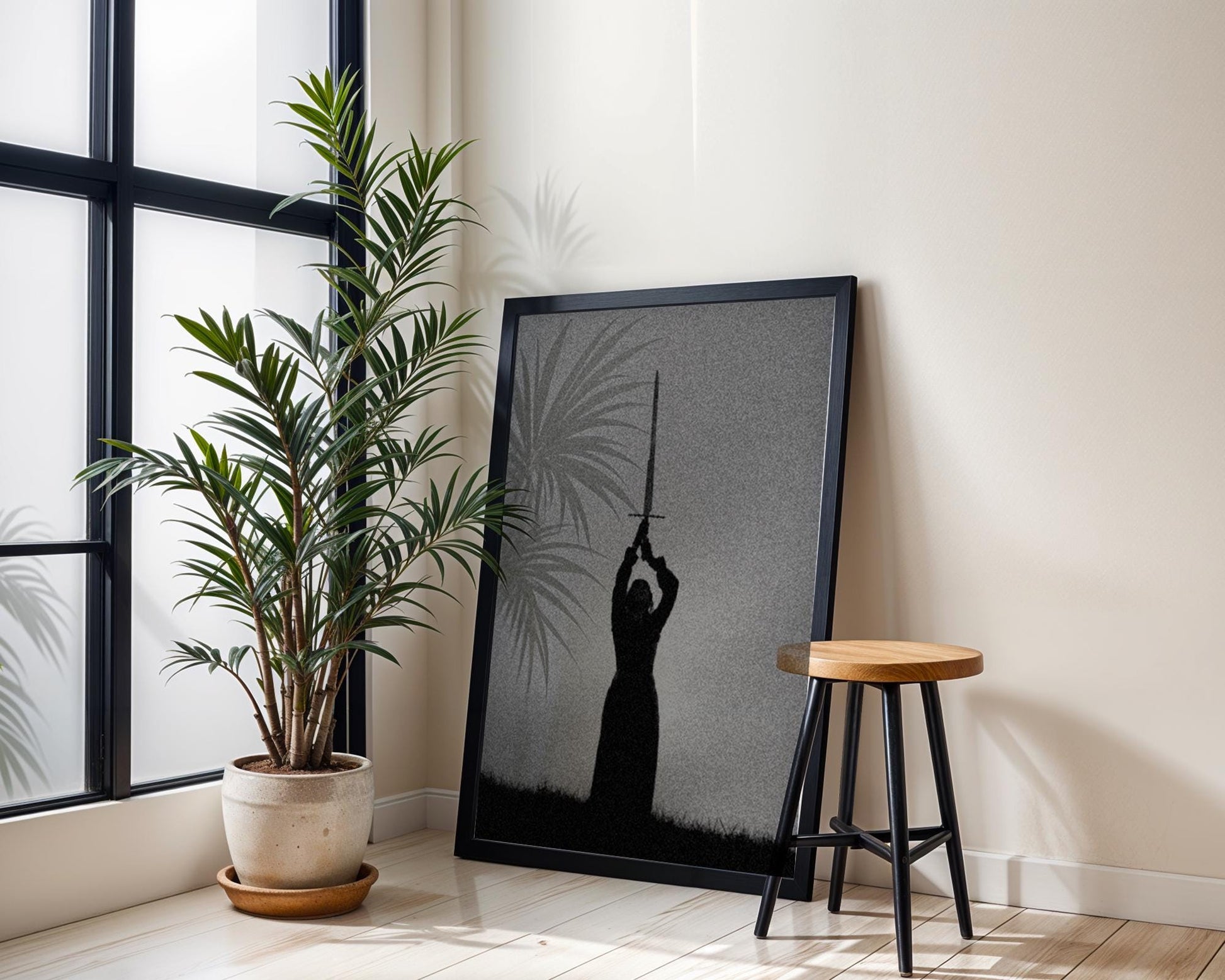 Designer Wall Art | Sword Silhouette Print | Dark Gothic Warrior Art, Fantasy Decor wall art print, minimalist black and white poster, modern Scandinavian wall decor, Monohaus