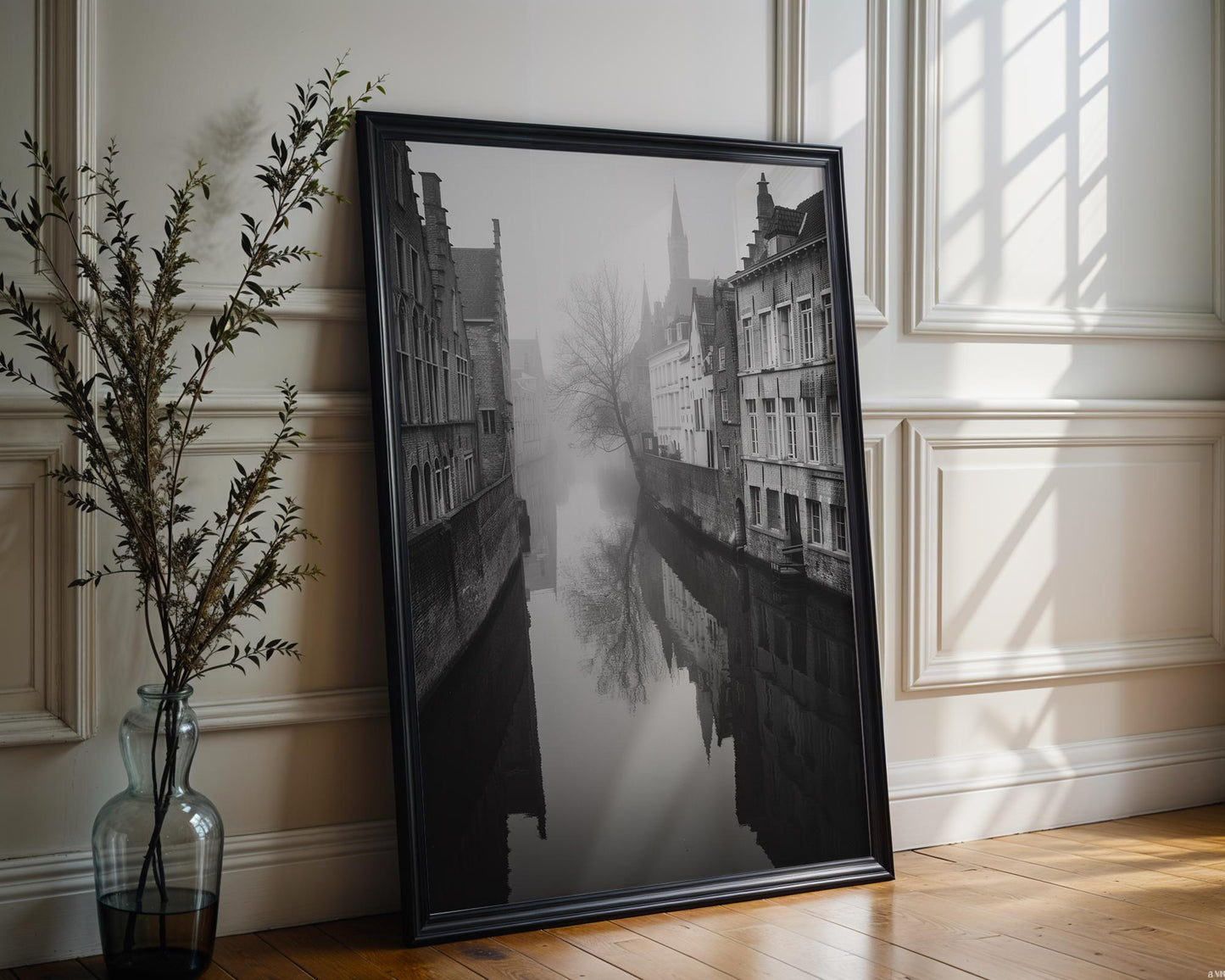 World Landmark | Bruges Canal Print | Black and White Belgium Architecture Photography wall art print, black and white architectural poster, minimalist modern Scandinavian wall decor, Monohaus