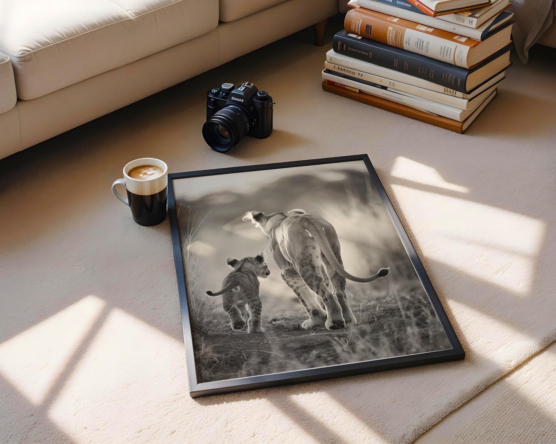 Wildlife Poster | Lion Cub & Mother Sepia Print | Minimalist Safari Wall Art wall art print, minimalist black and white poster, modern Scandinavian wall decor, Monohaus