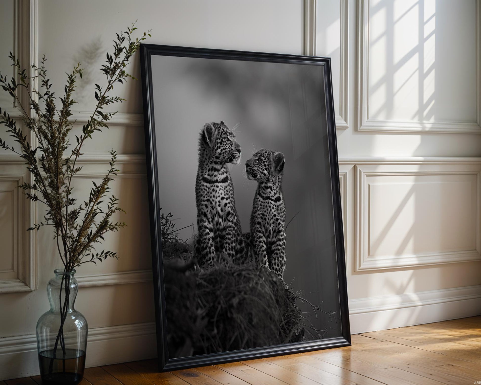 Wildlife Poster | Leopard Cubs Fine Art Print • Black & White Scandi Nursery wall art print, minimalist black and white poster, modern Scandinavian wall decor, Monohaus