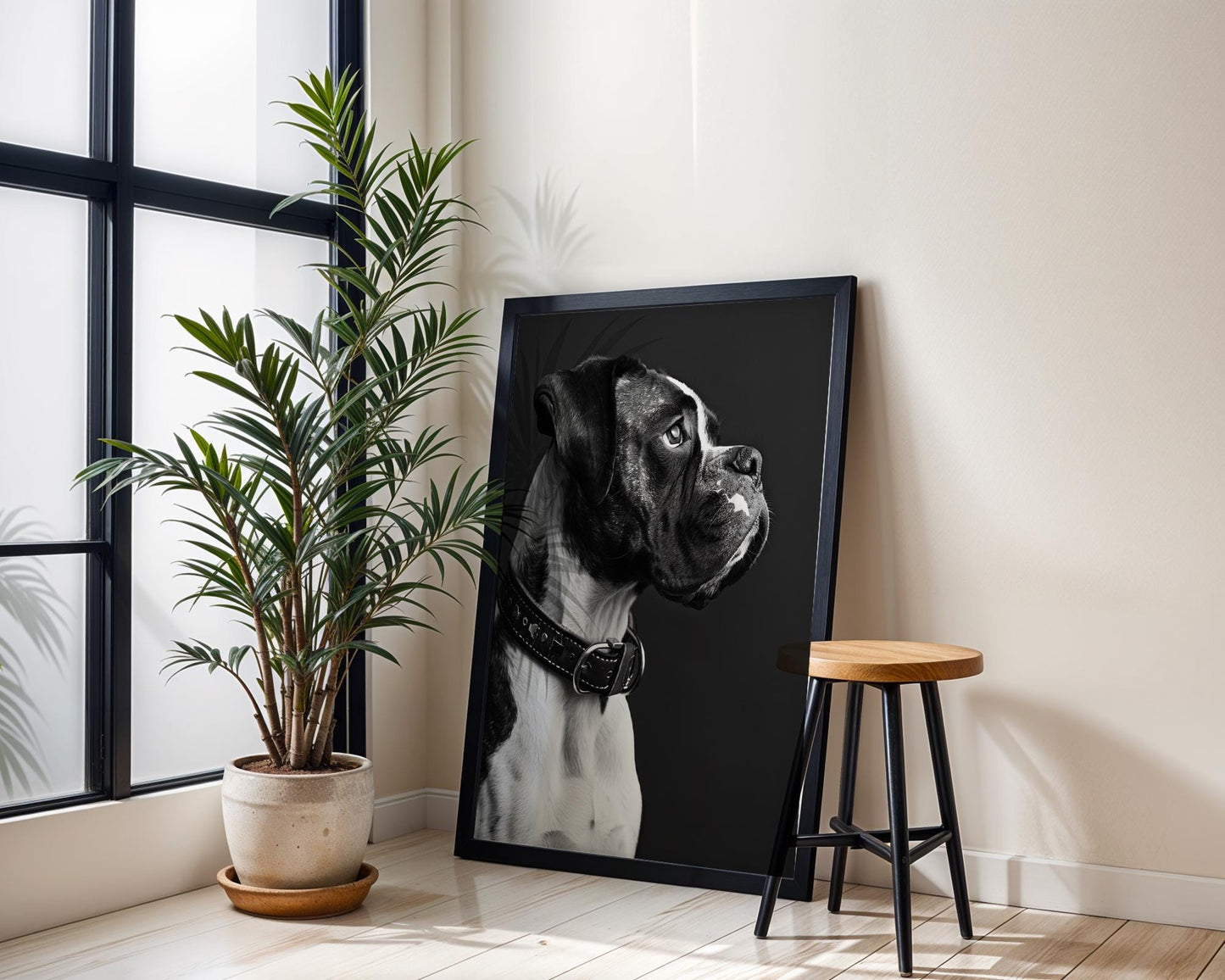 Dog Photography Boxer Pet Portrait Print | Brindle Puppy Poster wall art print, minimalist black and white poster, modern Scandinavian wall decor, Monohaus