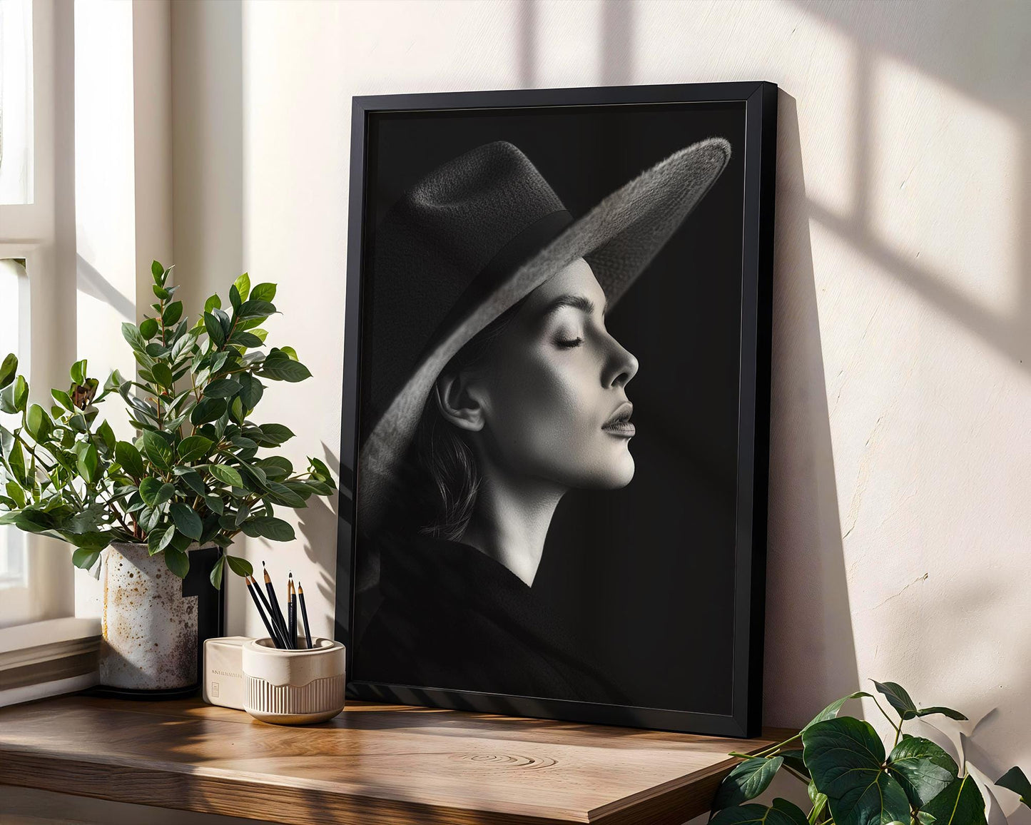 Minimal Wall Art Woman in Hat Art Print | Serene Fashion Portrait wall art print, minimalist black and white poster, modern Scandinavian wall decor, Monohaus