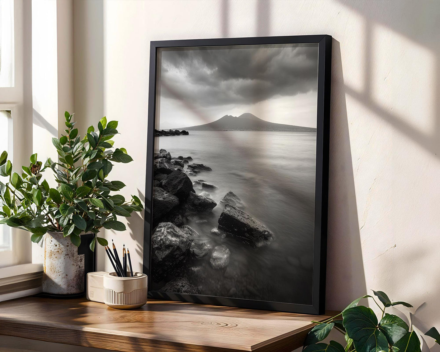 World Landmark | Mount Vesuvius Seascape Print | Naples Coastal Black and White Photography
