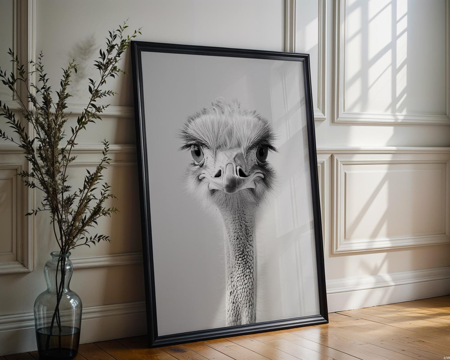 Wildlife Poster | Ostrich Portrait Print • Minimalist Black & White Animal Photography wall art print, minimalist black and white poster, modern Scandinavian wall decor, Monohaus