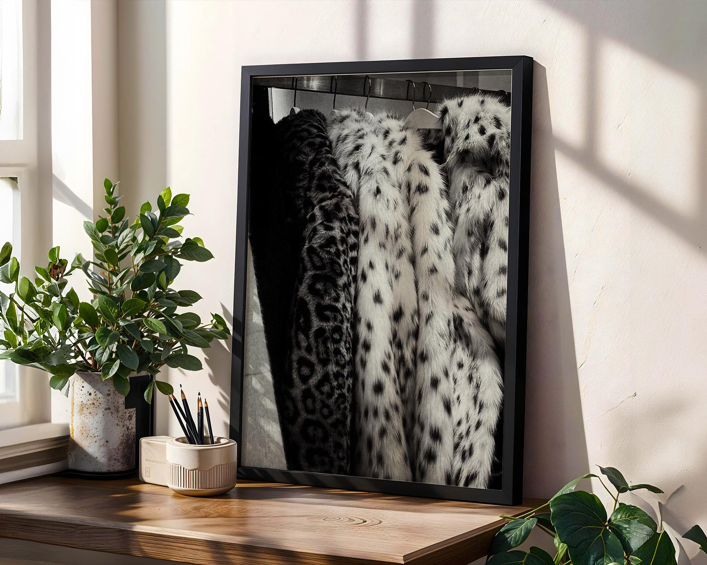 Designer Wall Art | Leopard Print Faux Fur Coat Poster | Black and White Glam wall art print, minimalist black and white poster, modern Scandinavian wall decor, Monohaus