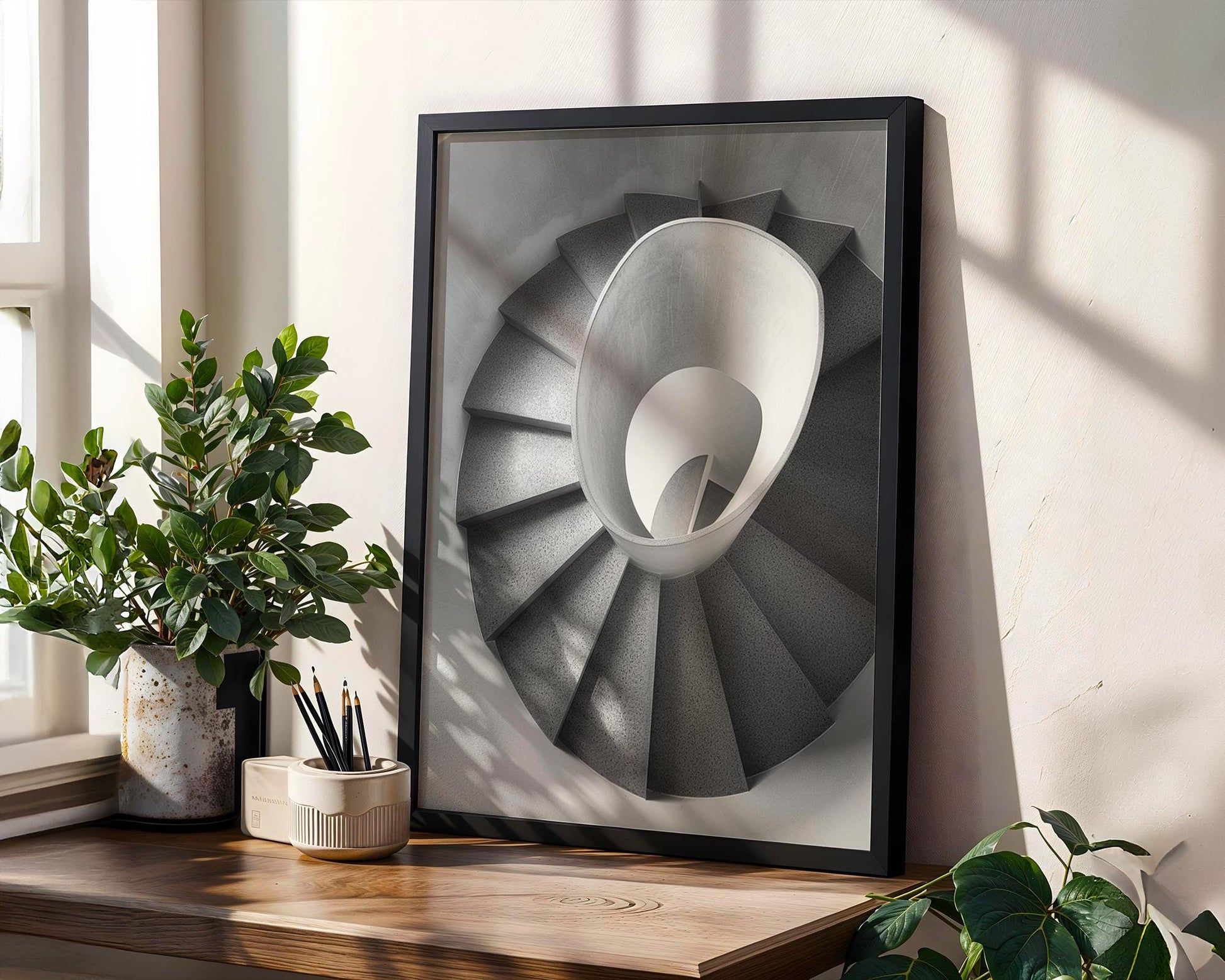 Minimal Wall Art Light Spiral | Black and White Urban Architecture Photography wall art print, black and white architectural poster, minimalist modern Scandinavian wall decor, Monohaus