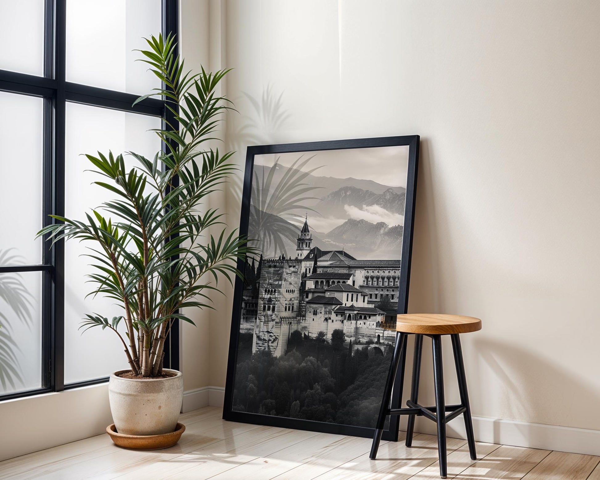 World Landmark | Alhambra Palace, Granada, Spain Print | Black and White Photography wall art print, minimalist black and white poster, modern Scandinavian wall decor, Monohaus