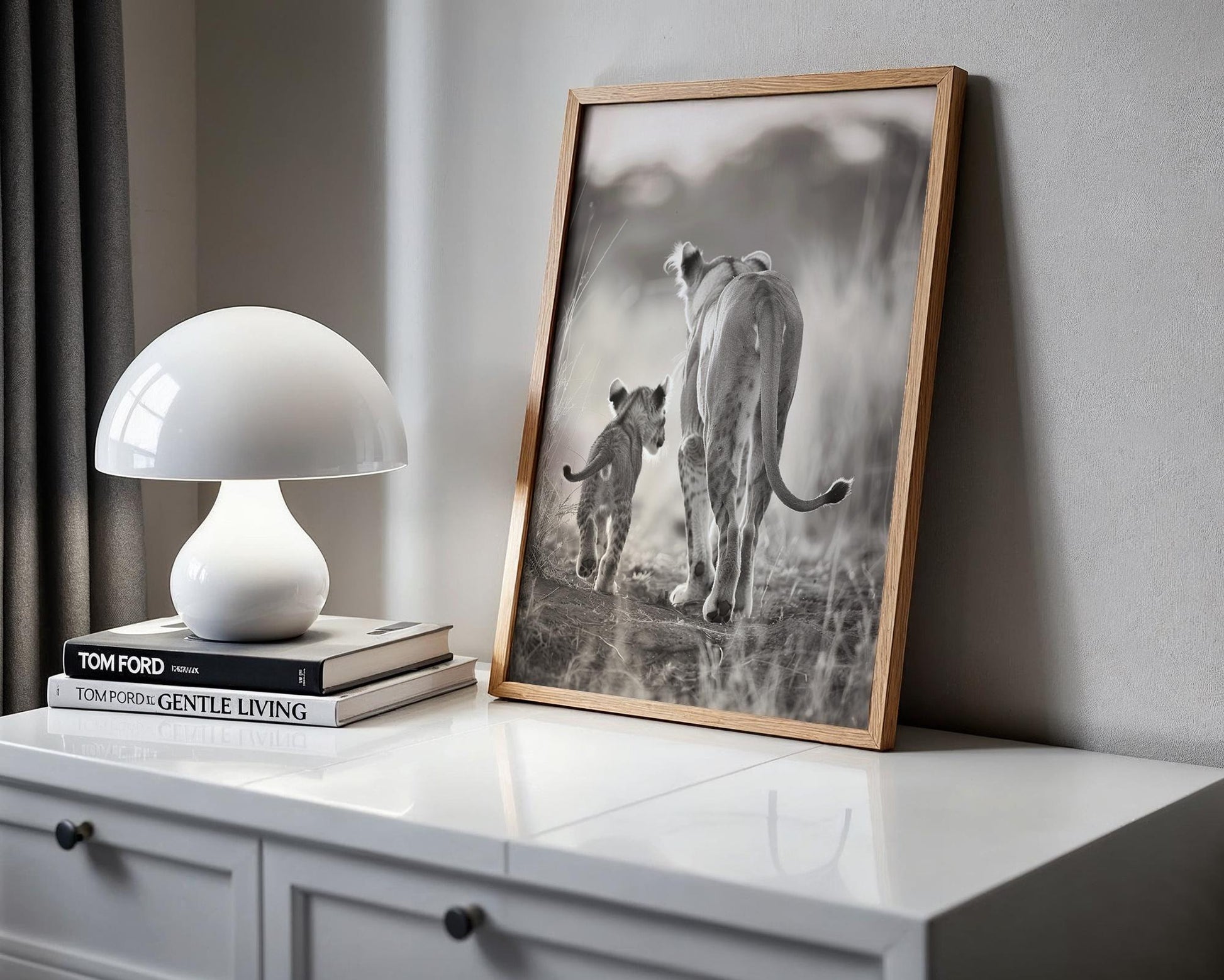 Wildlife Poster | Lion Cub & Mother Sepia Print | Minimalist Safari Wall Art wall art print, minimalist black and white poster, modern Scandinavian wall decor, Monohaus