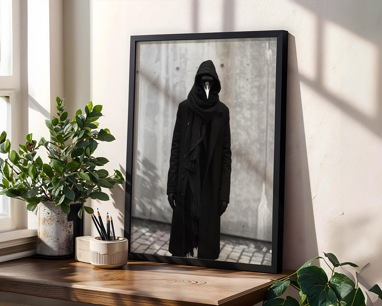 Minimal Wall Art Surreal Raven Figure Art Print | Dark Academia Photography wall art print, minimalist black and white poster, modern Scandinavian wall decor, Monohaus