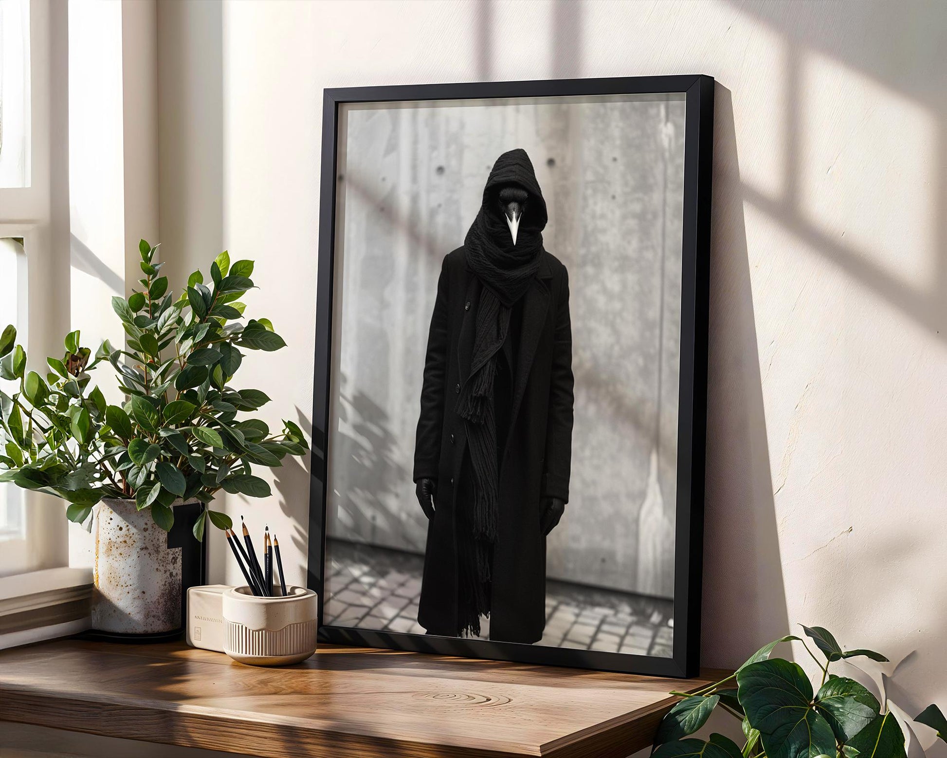 Minimal Wall Art Surreal Raven Figure Art Print | Dark Academia Photography wall art print, minimalist black and white poster, modern Scandinavian wall decor, Monohaus