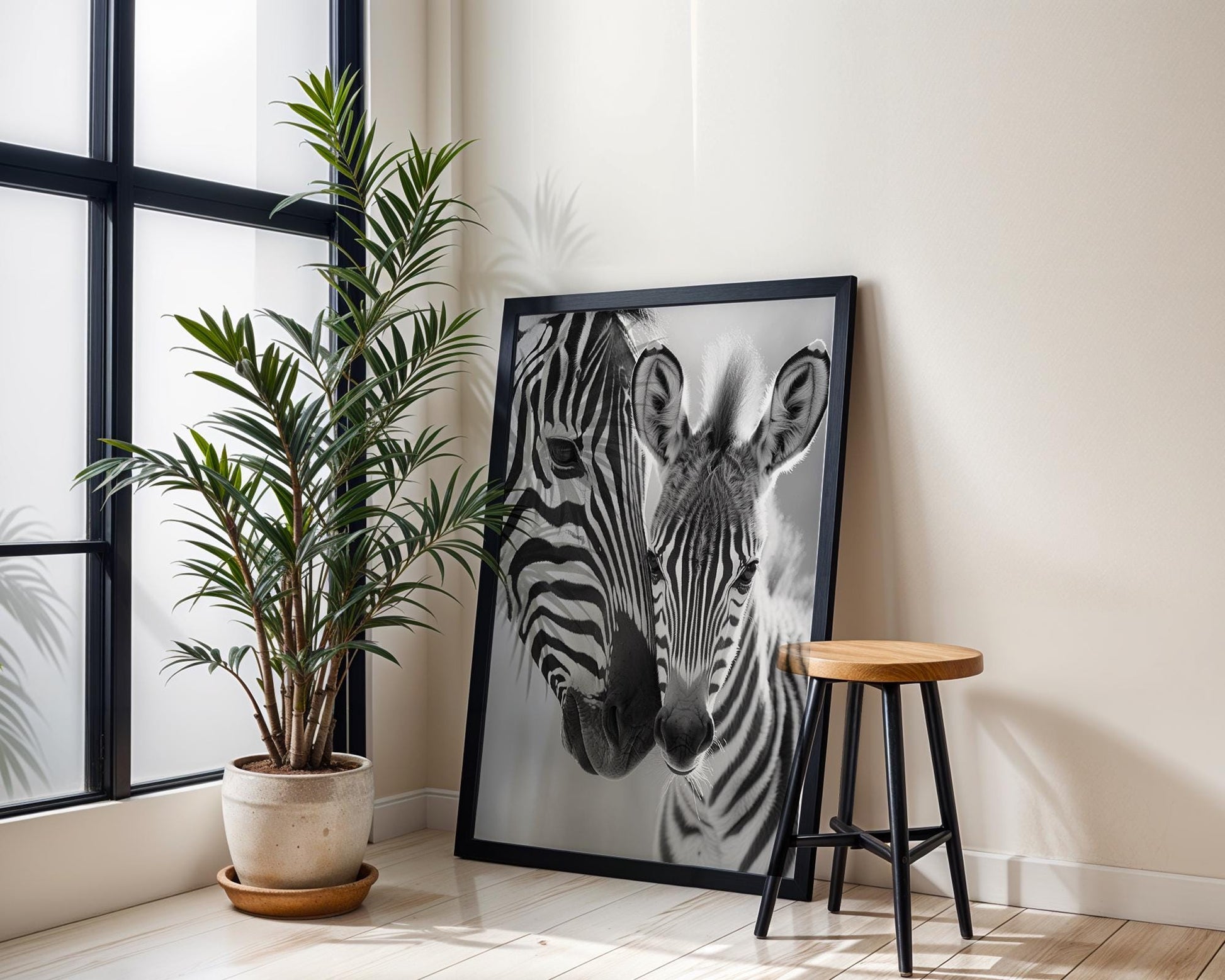 Wildlife Poster | Mother and Baby Zebra Print • Black & White Safari Animal Photography wall art print, minimalist black and white poster, modern Scandinavian wall decor, Monohaus