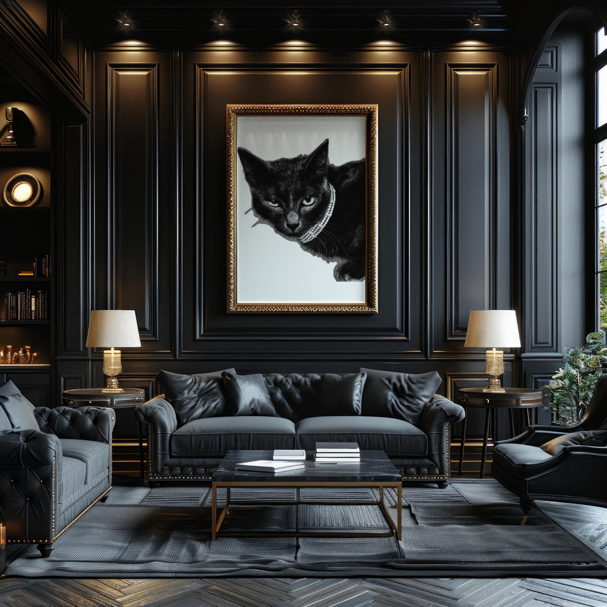 Designer Wall Art | Glam Black Cat Print | Diamond Collar, Minimalist Pet Portrait wall art print, minimalist black and white poster, modern Scandinavian wall decor, Monohaus