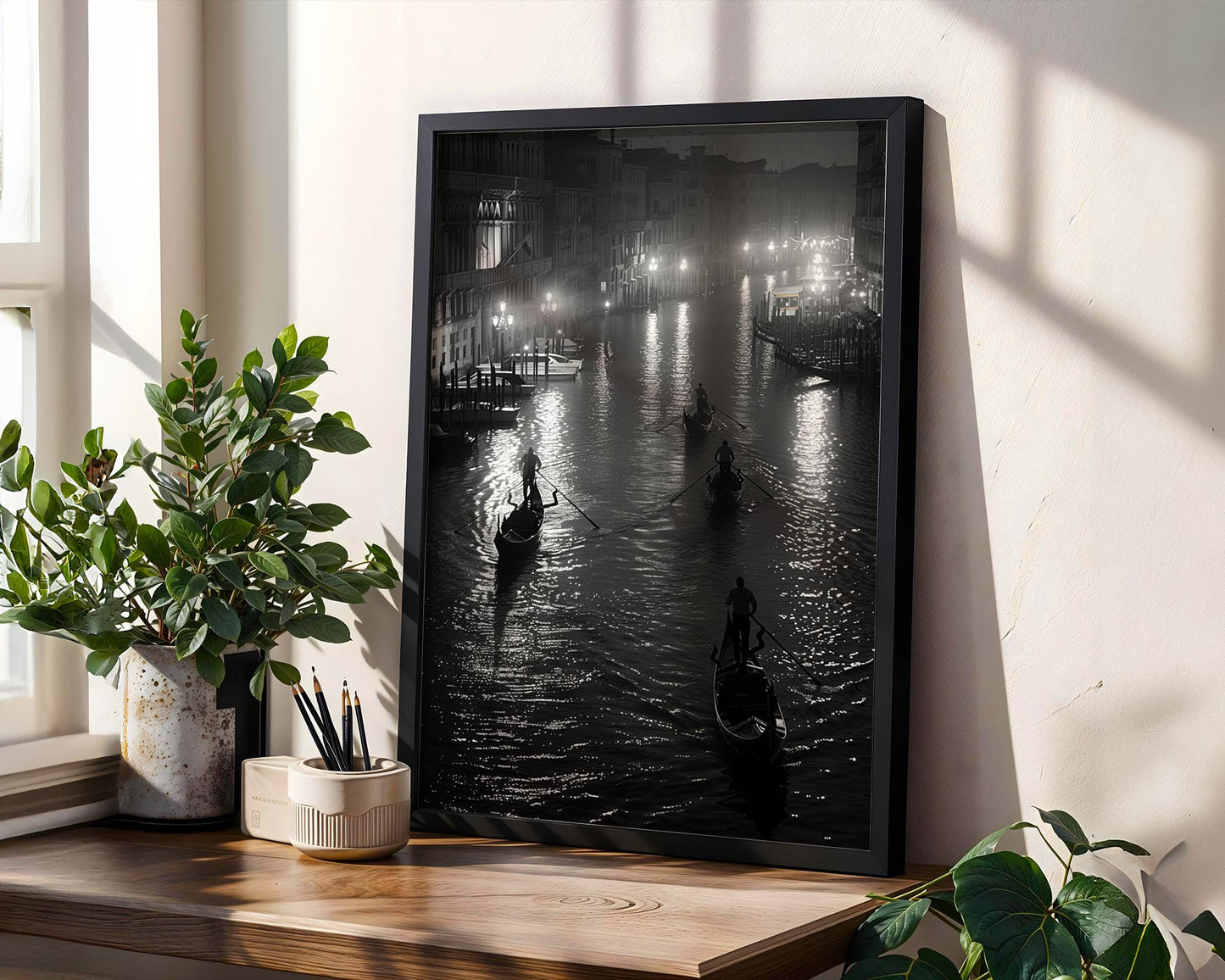 World Landmark | Venice Gondolas Night Print | Grand Canal Black and White Photography wall art print, minimalist black and white poster, modern Scandinavian wall decor, Monohaus