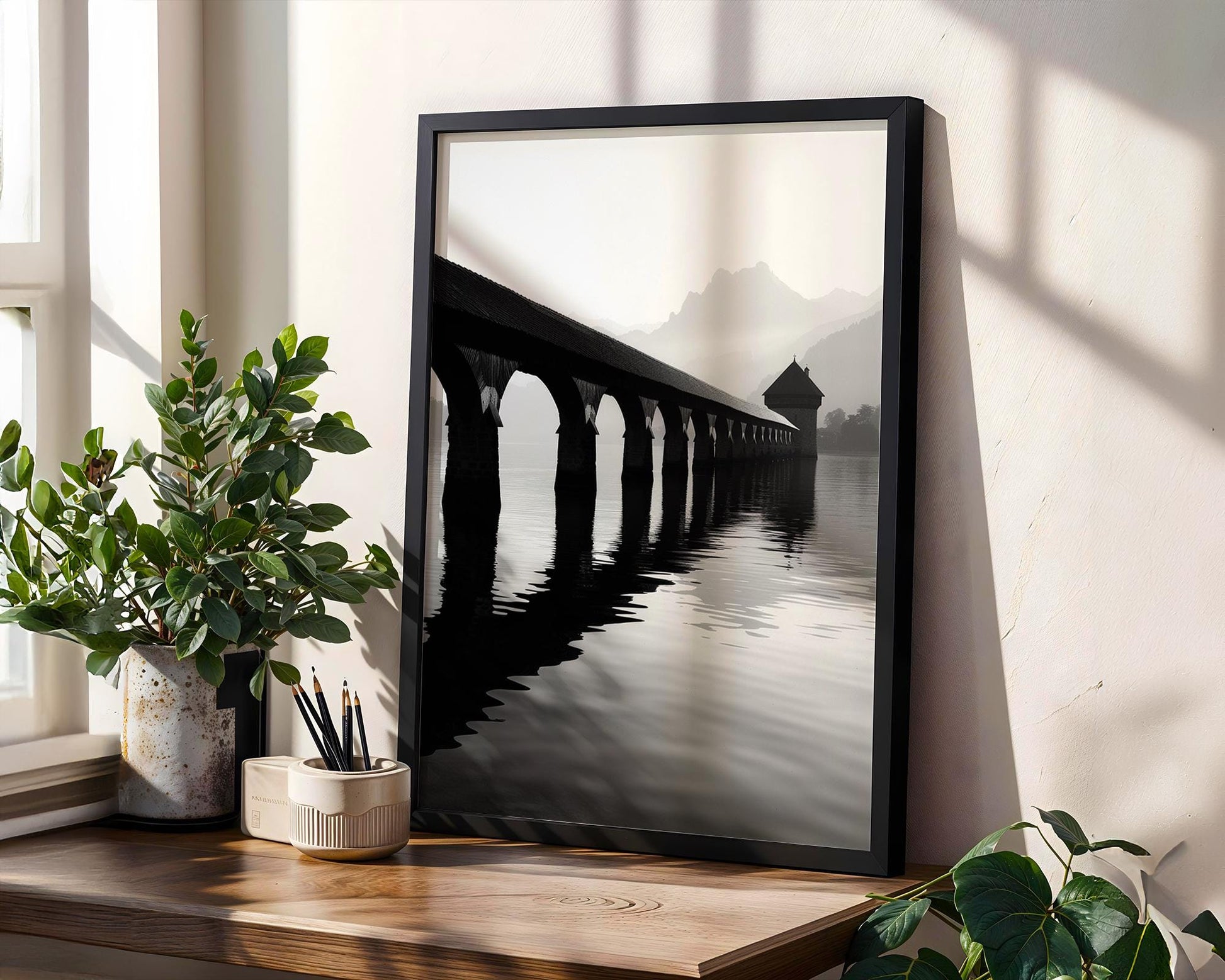 World Landmark | Chapel Bridge, Lake Lucerne Print | Swiss Black and White Photography wall art print, minimalist black and white poster, modern Scandinavian wall decor, Monohaus