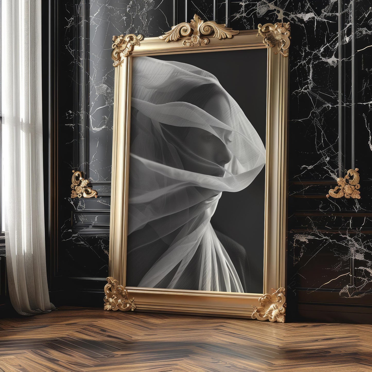 Minimal Wall Art Ethereal Veiled Portrait Art Print | Black and White Photography wall art print, minimalist black and white poster, modern Scandinavian wall decor, Monohaus