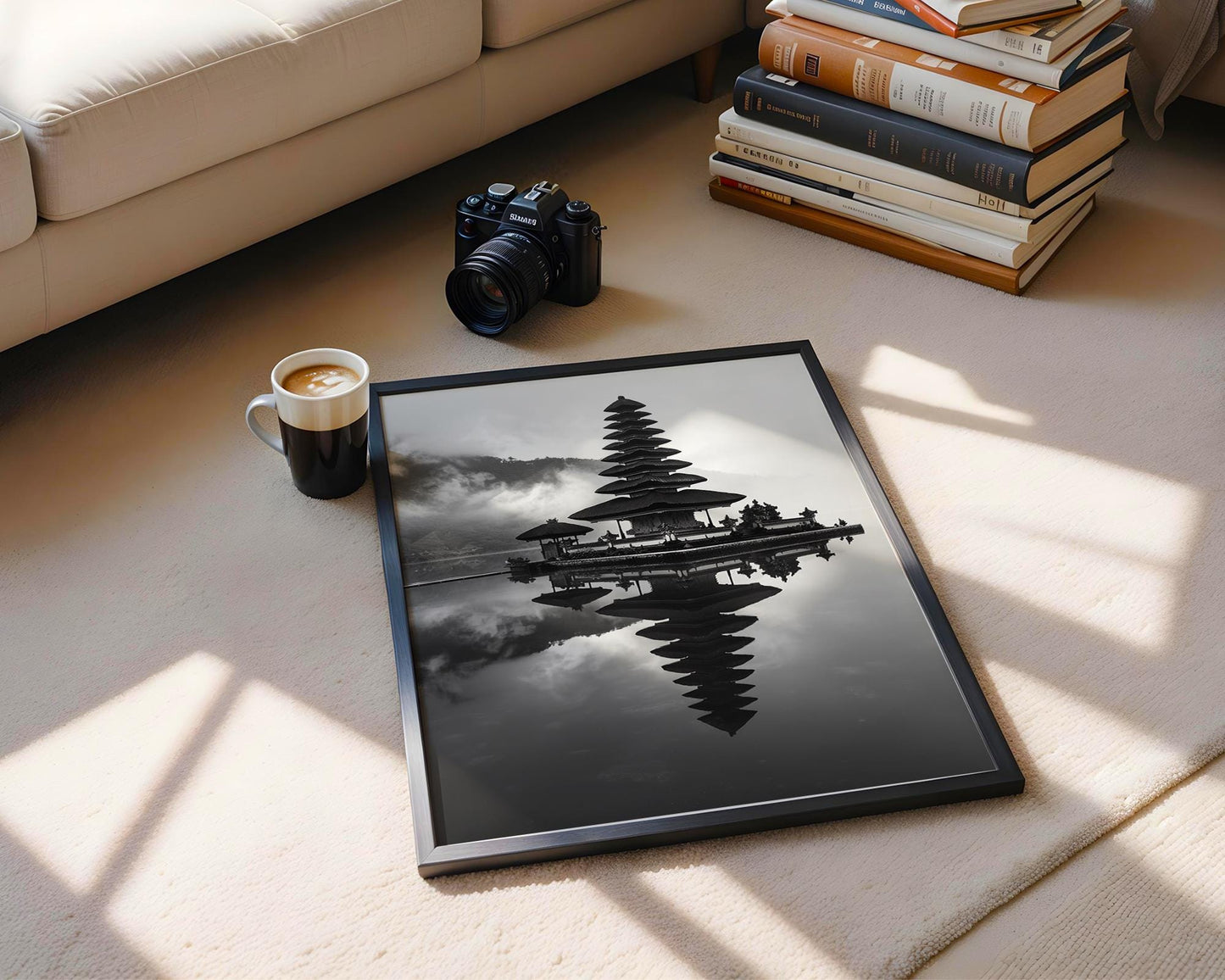 World Landmark | Ulun Danu Temple Print | Bali Lake Reflection, Black and White Asia Art wall art print, minimalist black and white poster, modern Scandinavian wall decor, Monohaus