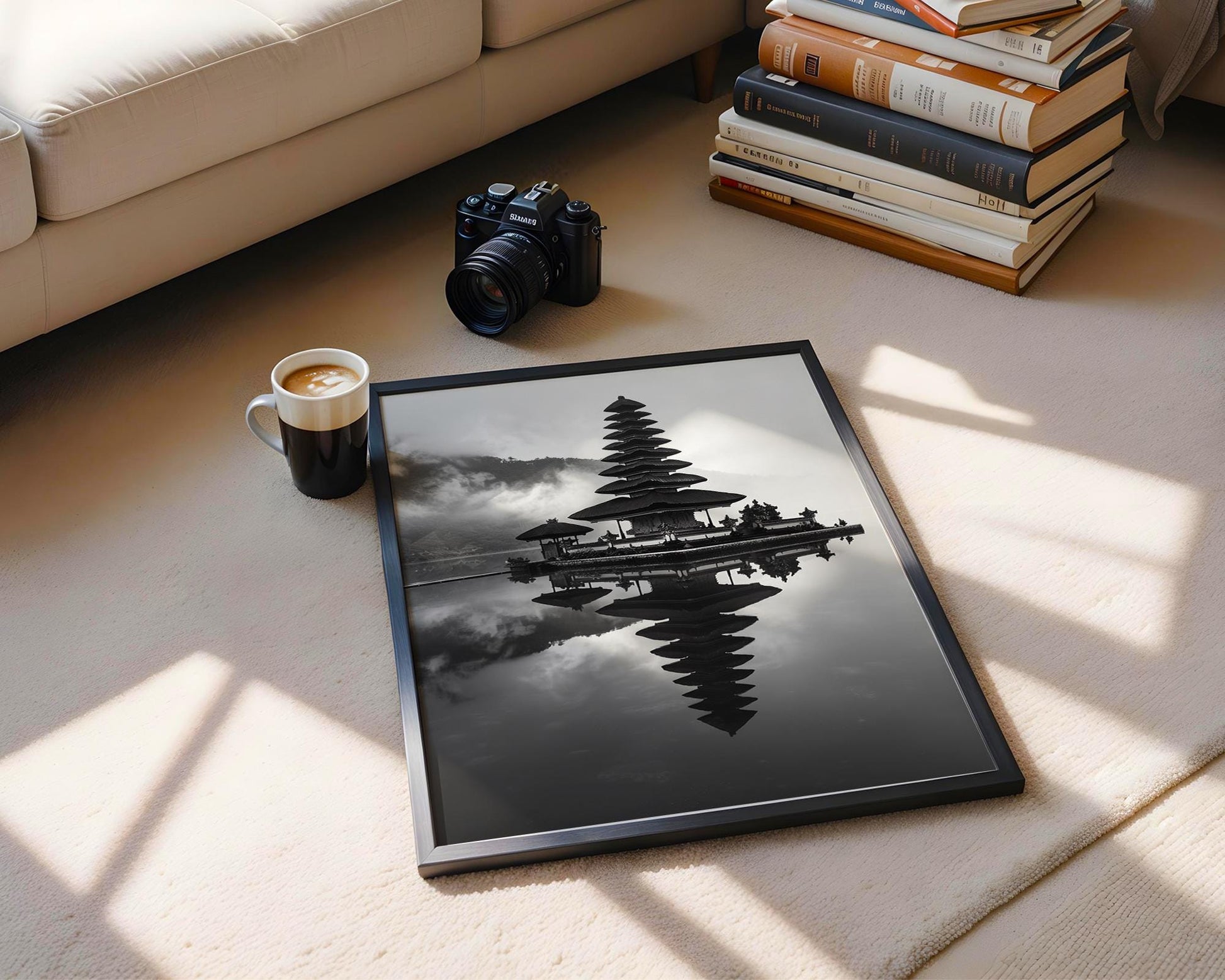 World Landmark | Ulun Danu Temple Print | Bali Lake Reflection, Black and White Asia Art wall art print, minimalist black and white poster, modern Scandinavian wall decor, Monohaus
