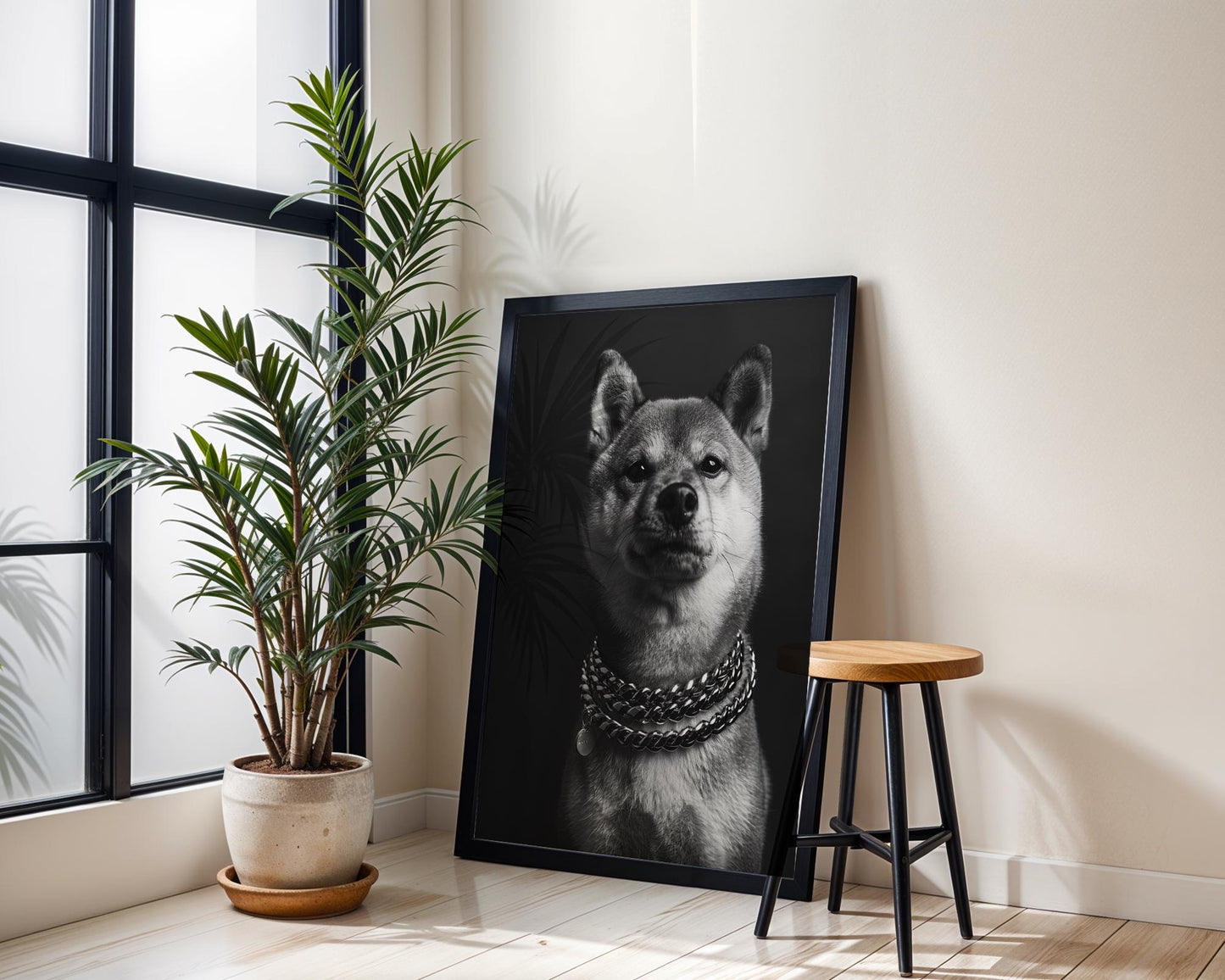 Dog Photography Shiba Inu Portrait Print | Black and White Pet with Chains wall art print, minimalist black and white poster, modern Scandinavian wall decor, Monohaus