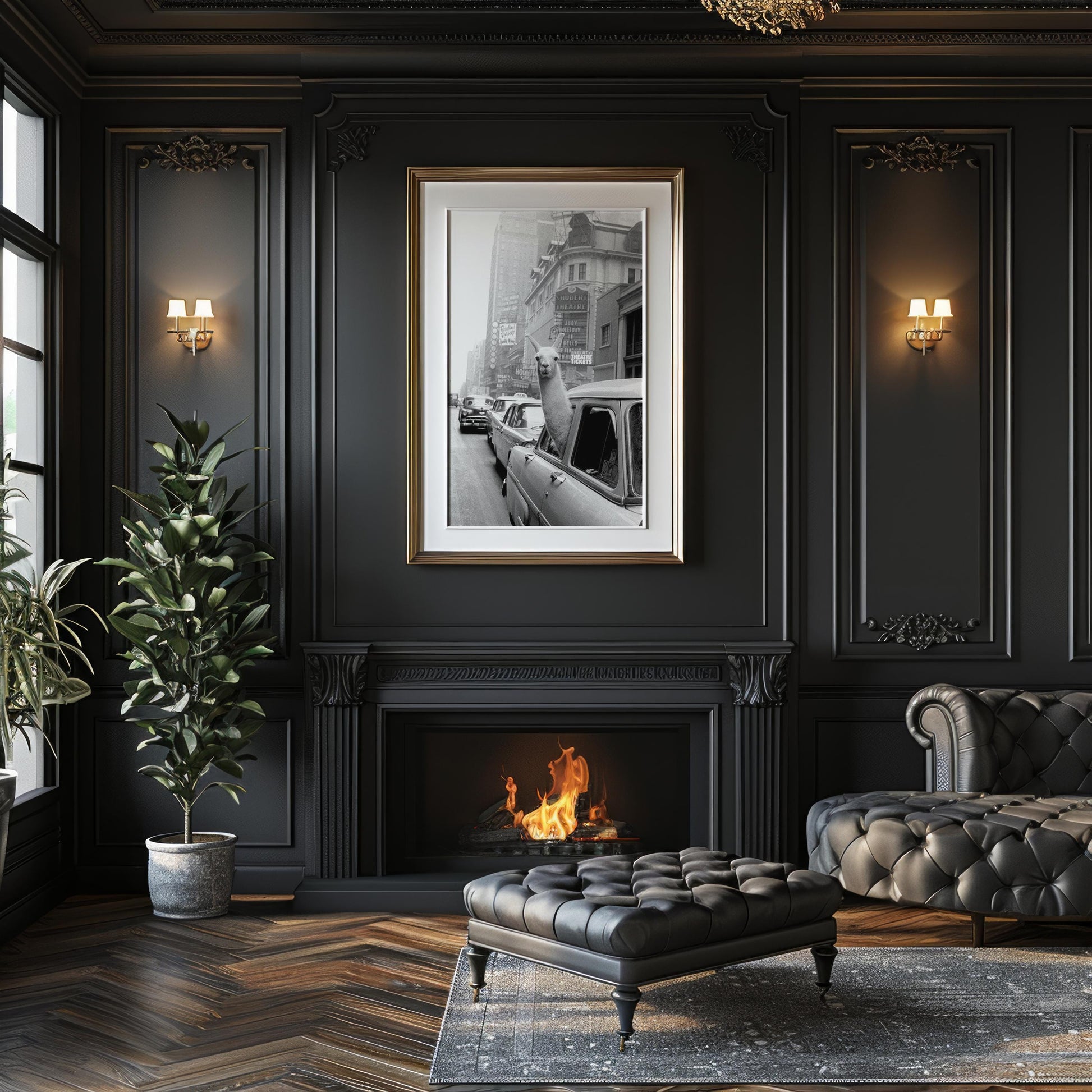 Designer Wall Art | Funny Llama in Car Print | Black and White City Photography wall art print, black and white architectural poster, minimalist modern Scandinavian wall decor, Monohaus