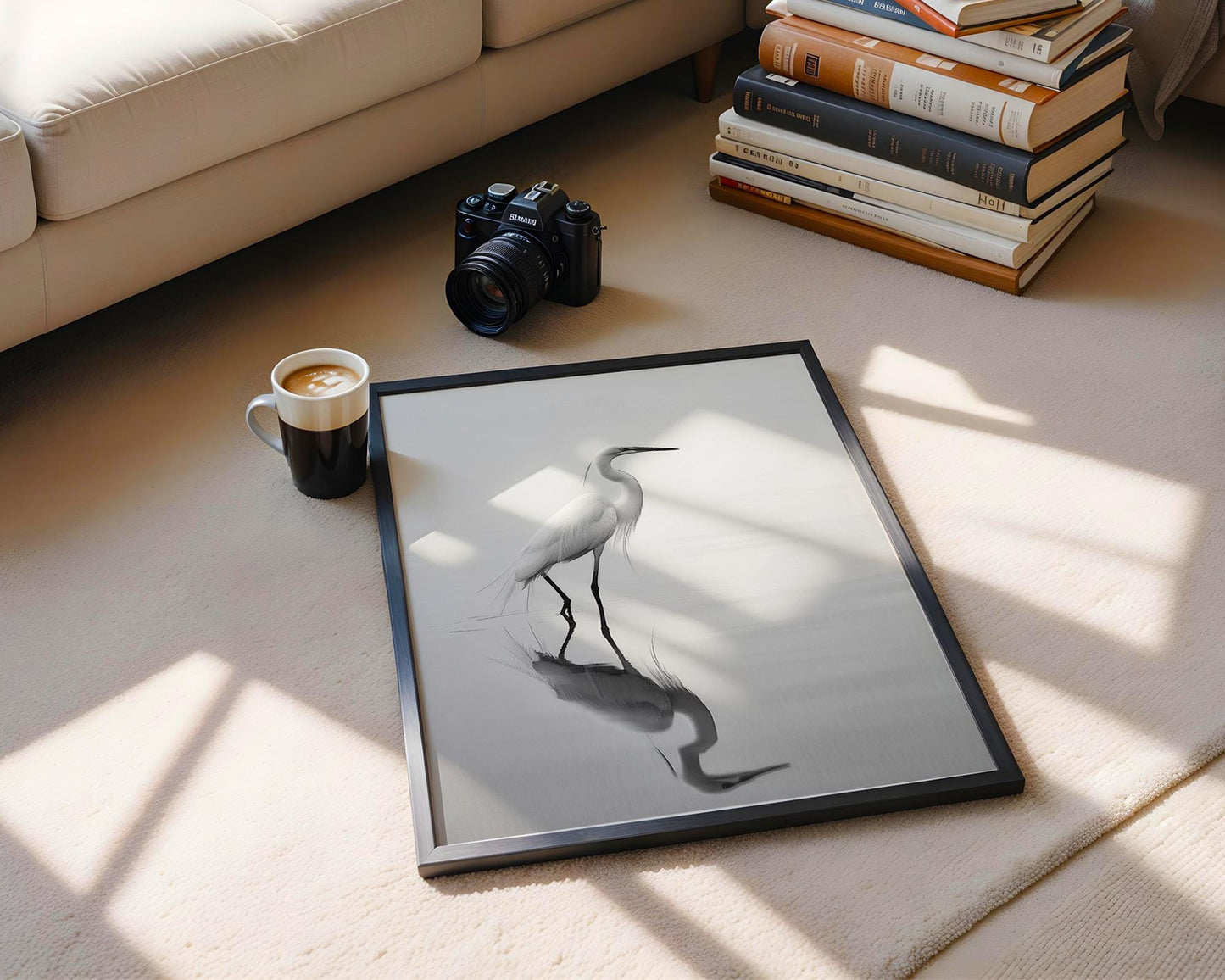 Wildlife Poster | White Heron Fine Art Print | Minimalist Bird Photography wall art print, minimalist black and white poster, modern Scandinavian wall decor, Monohaus
