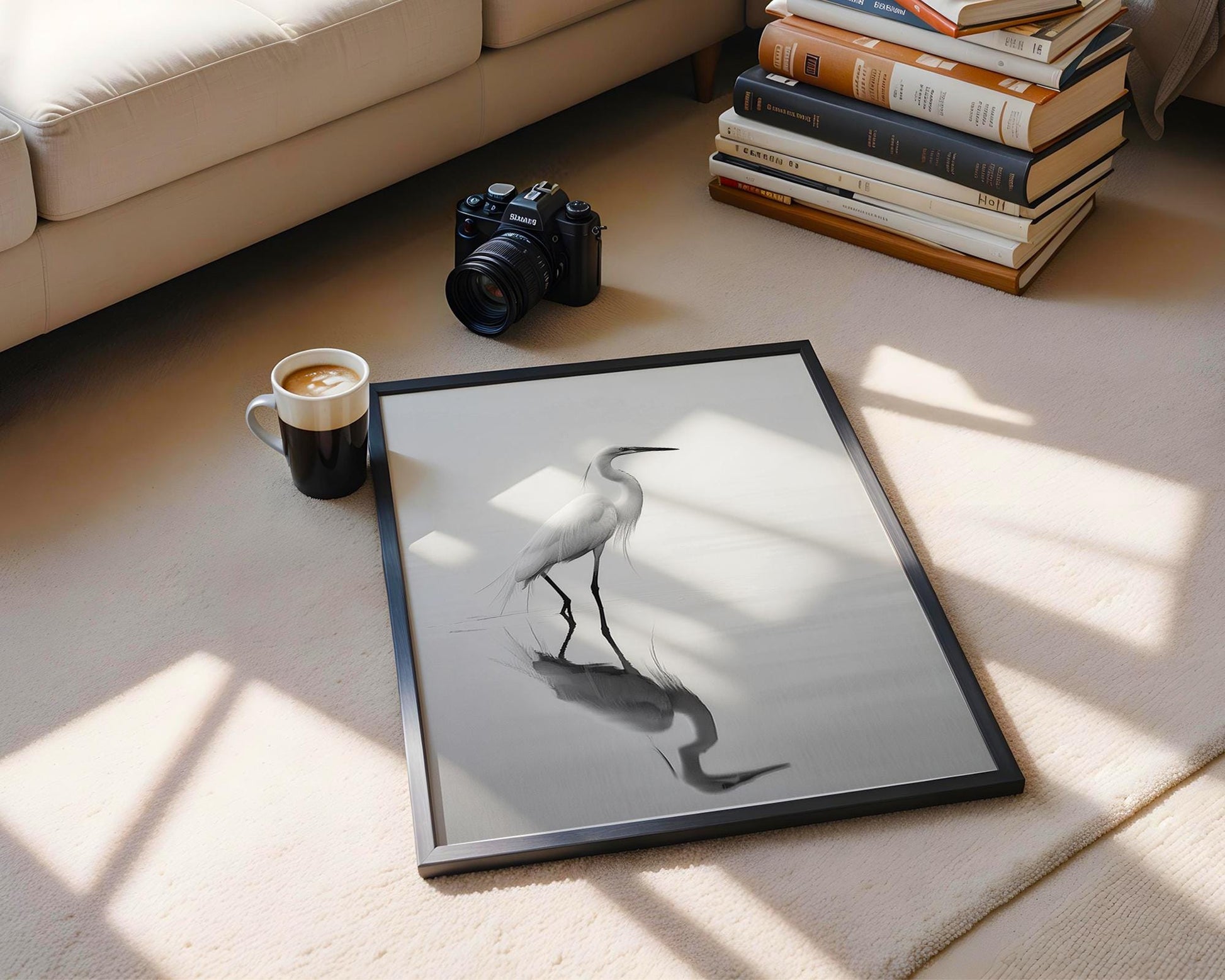 Wildlife Poster | White Heron Fine Art Print | Minimalist Bird Photography wall art print, minimalist black and white poster, modern Scandinavian wall decor, Monohaus