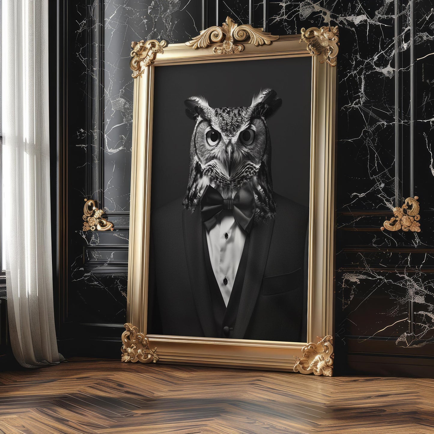Designer Wall Art | Owl in Tuxedo Portrait Print | Black and White Animal Photography wall art print, minimalist black and white poster, modern Scandinavian wall decor, Monohaus