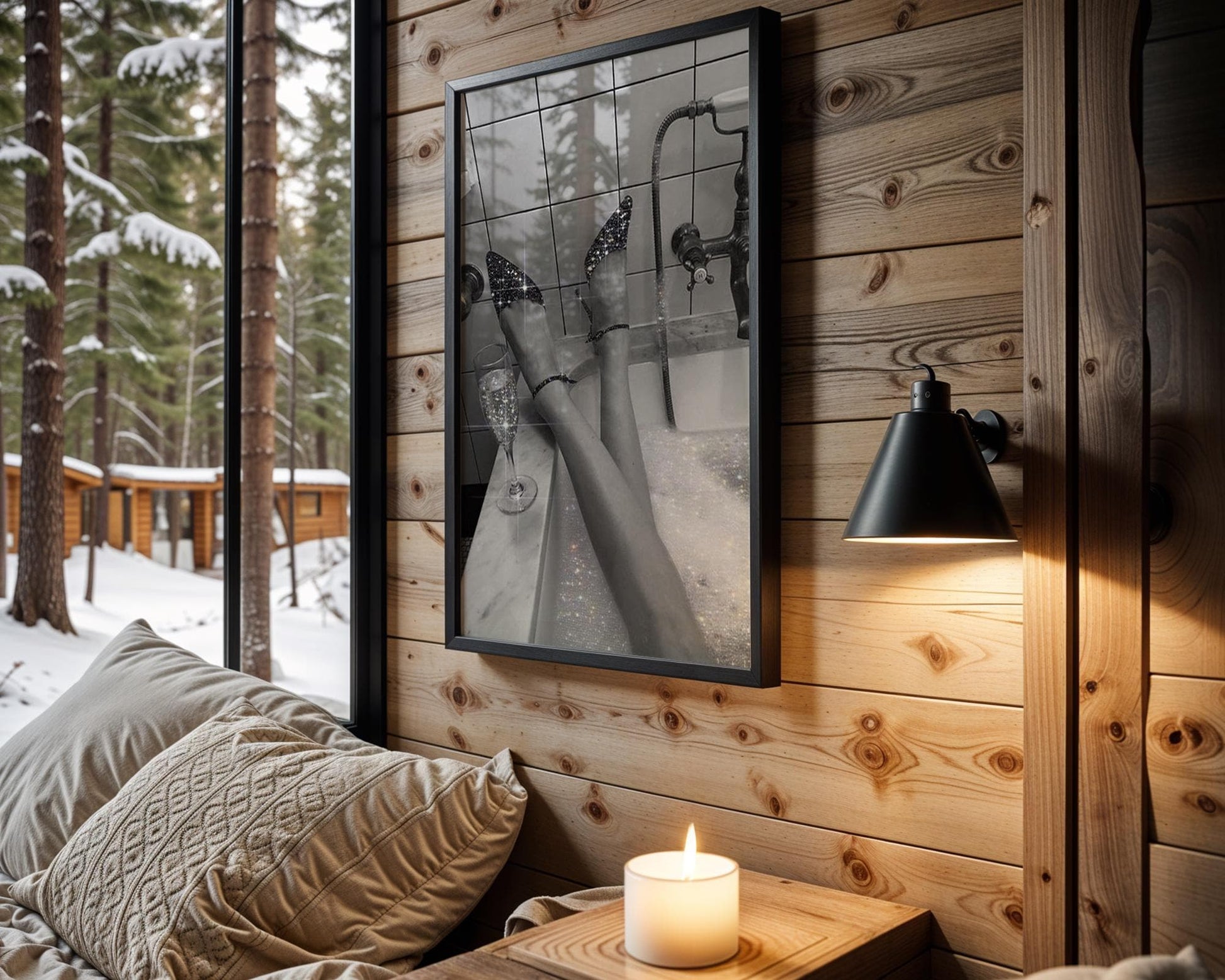 Designer Wall Art | Sparkle Heels Bath Print | Glam Monochrome Photography wall art print, minimalist black and white poster, modern Scandinavian wall decor, Monohaus