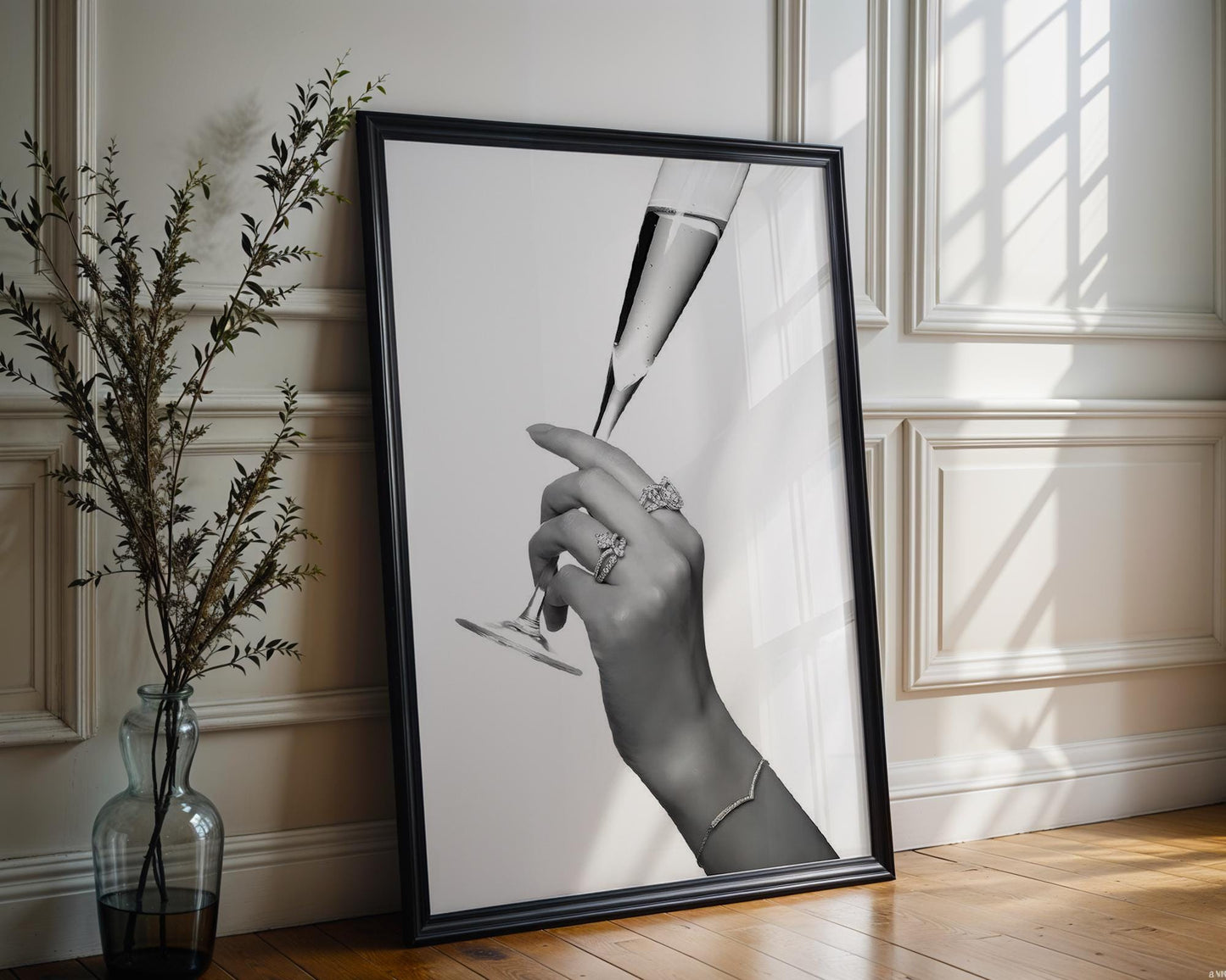 Designer Wall Art | Champagne Toast Print | Minimalist Black and White Glam Art wall art print, minimalist black and white poster, modern Scandinavian wall decor, Monohaus