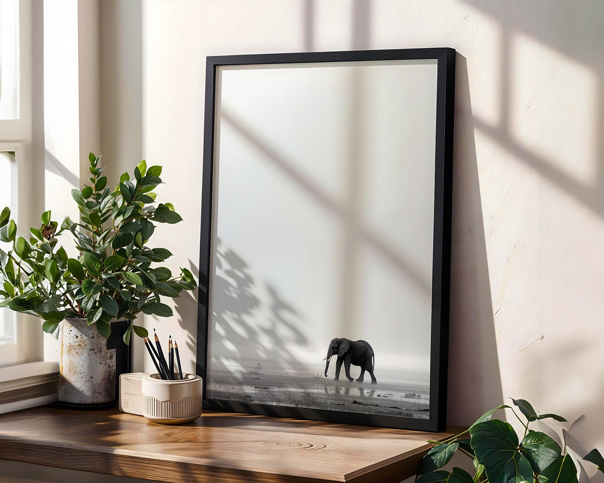 Wildlife Poster | Elephant in Mist Print | Minimalist Safari Wall Art wall art print, minimalist black and white poster, modern Scandinavian wall decor, Monohaus
