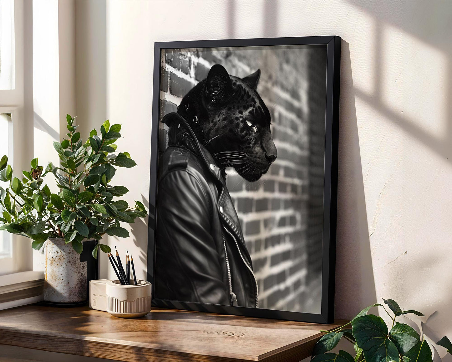 Black Panther Leather Jacket Print | Bold Animal Portrait, Urban Wall Art black and white photo print, minimalist monochrome wall art poster for modern interiors, Monohaus