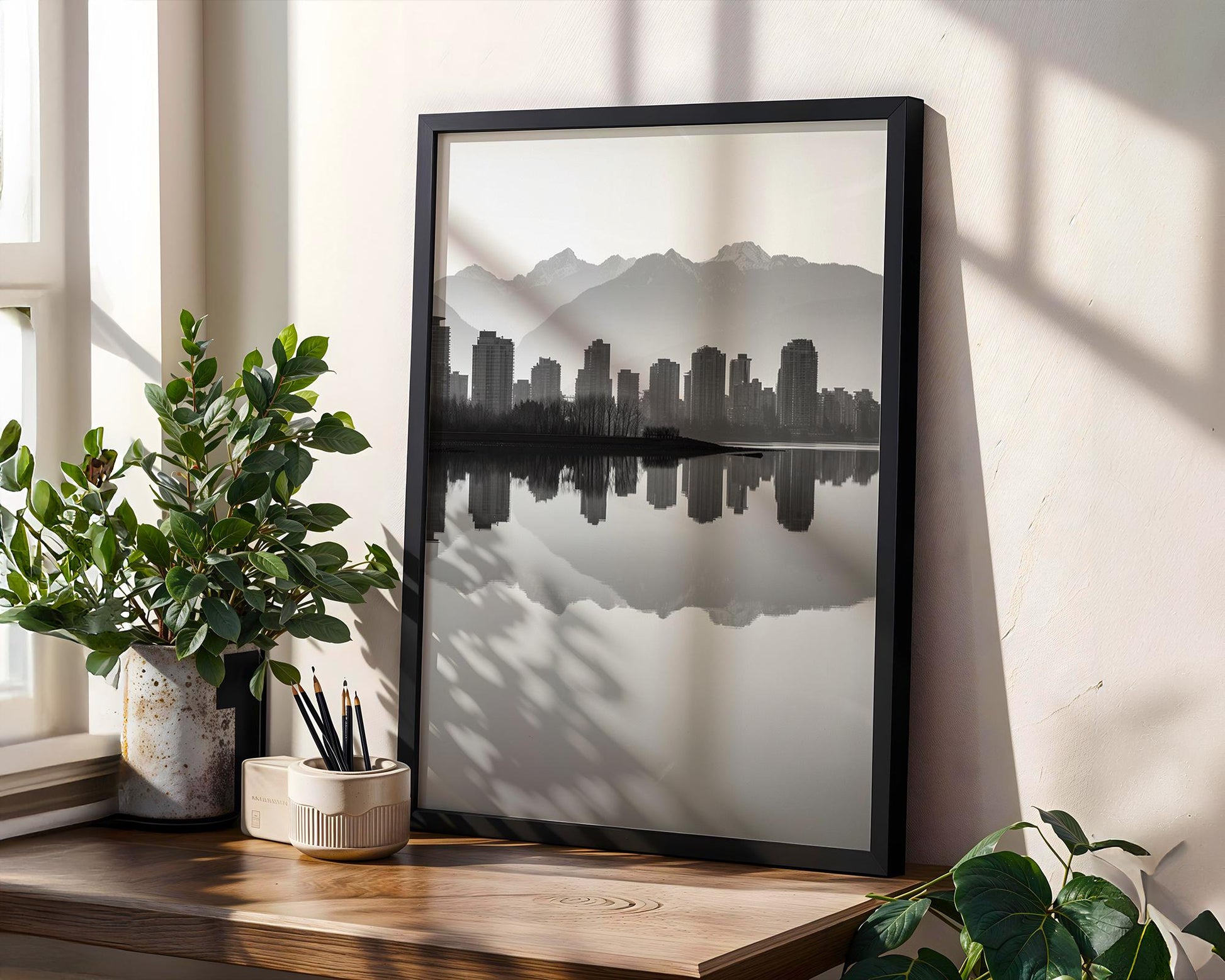 World Landmark | Vancouver Skyline Print | Black and White Mountain Reflection wall art print, minimalist black and white poster, modern Scandinavian wall decor, Monohaus