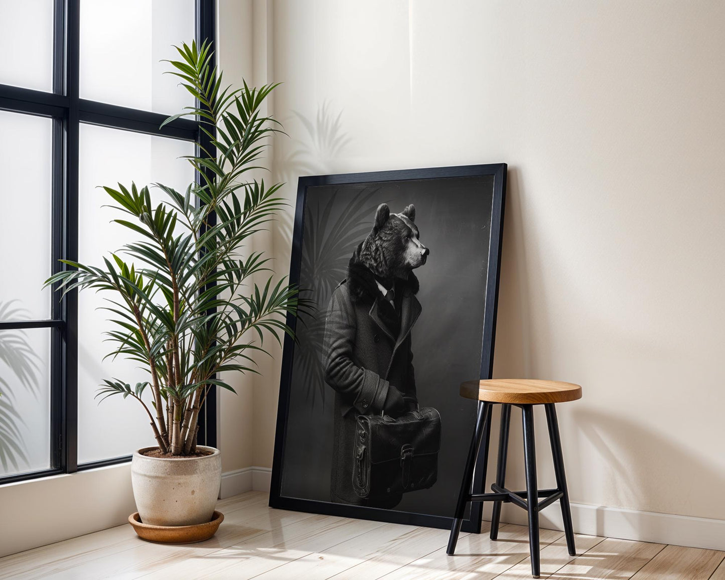 Designer Wall Art | Monochrome Bear Portrait Print | Fine Art Animal in Coat wall art print, minimalist black and white poster, modern Scandinavian wall decor, Monohaus
