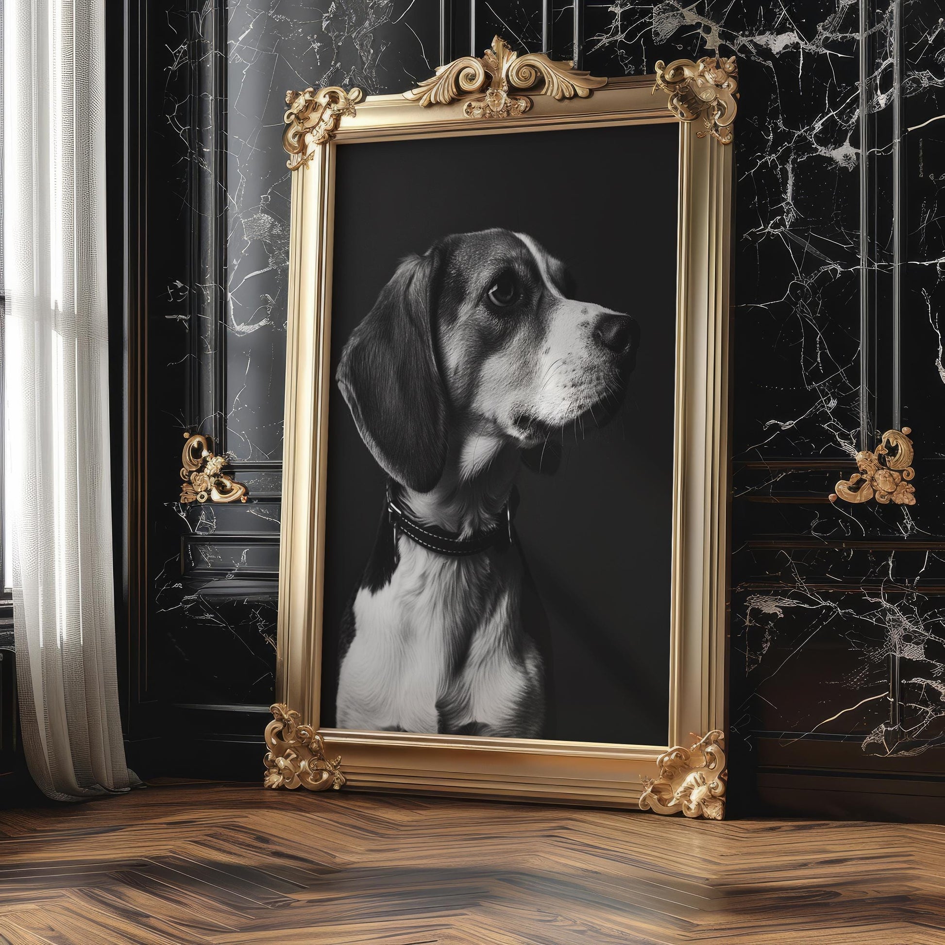 Dog Photography Beagle Pet Portrait Print | Dramatic Black and White Home Decor wall art print, minimalist black and white poster, modern Scandinavian wall decor, Monohaus