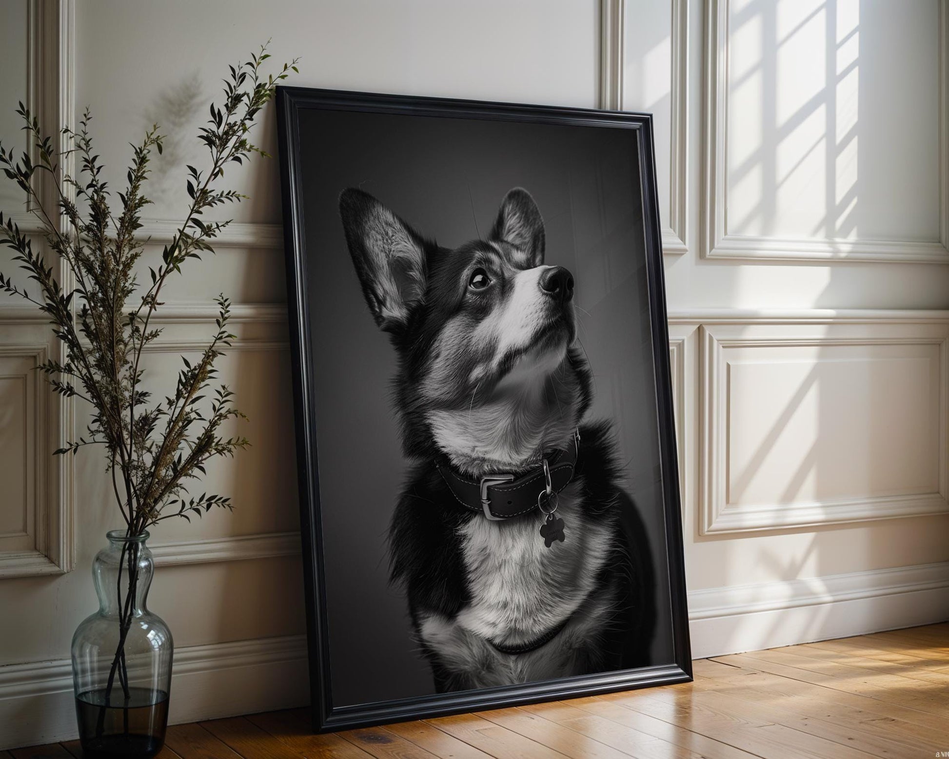 Dog Photography Corgi Pet Portrait Print | Minimalist Black and White Pet Home Decor wall art print, minimalist black and white poster, modern Scandinavian wall decor, Monohaus