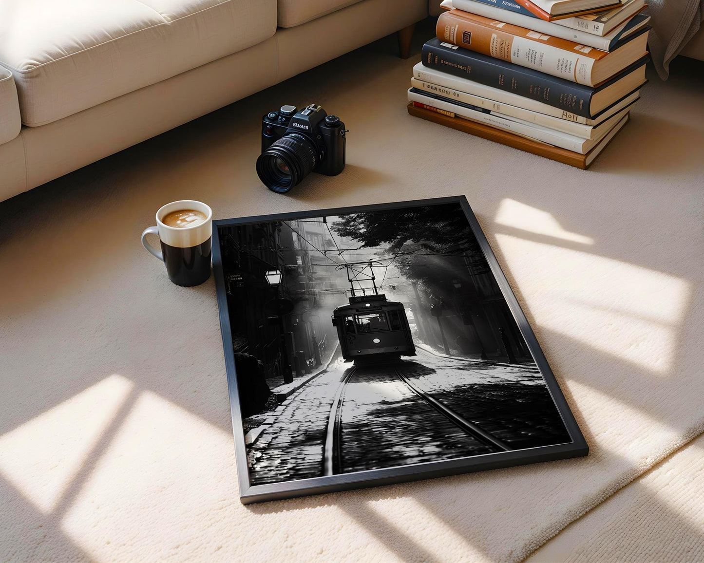 World Landmark | Lisbon Tram Print | Black and White Portugal Street Photography black and white photo print, minimalist monochrome wall art poster for modern interiors, Monohaus