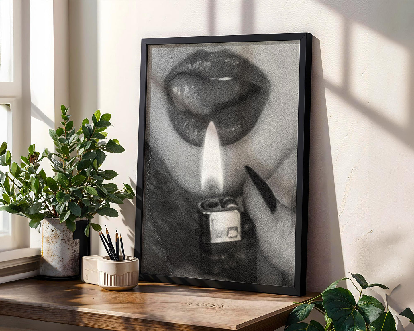 Designer Wall Art | Lips with Lighter Photography | Black and White Seductive wall art print, minimalist black and white poster, modern Scandinavian wall decor, Monohaus