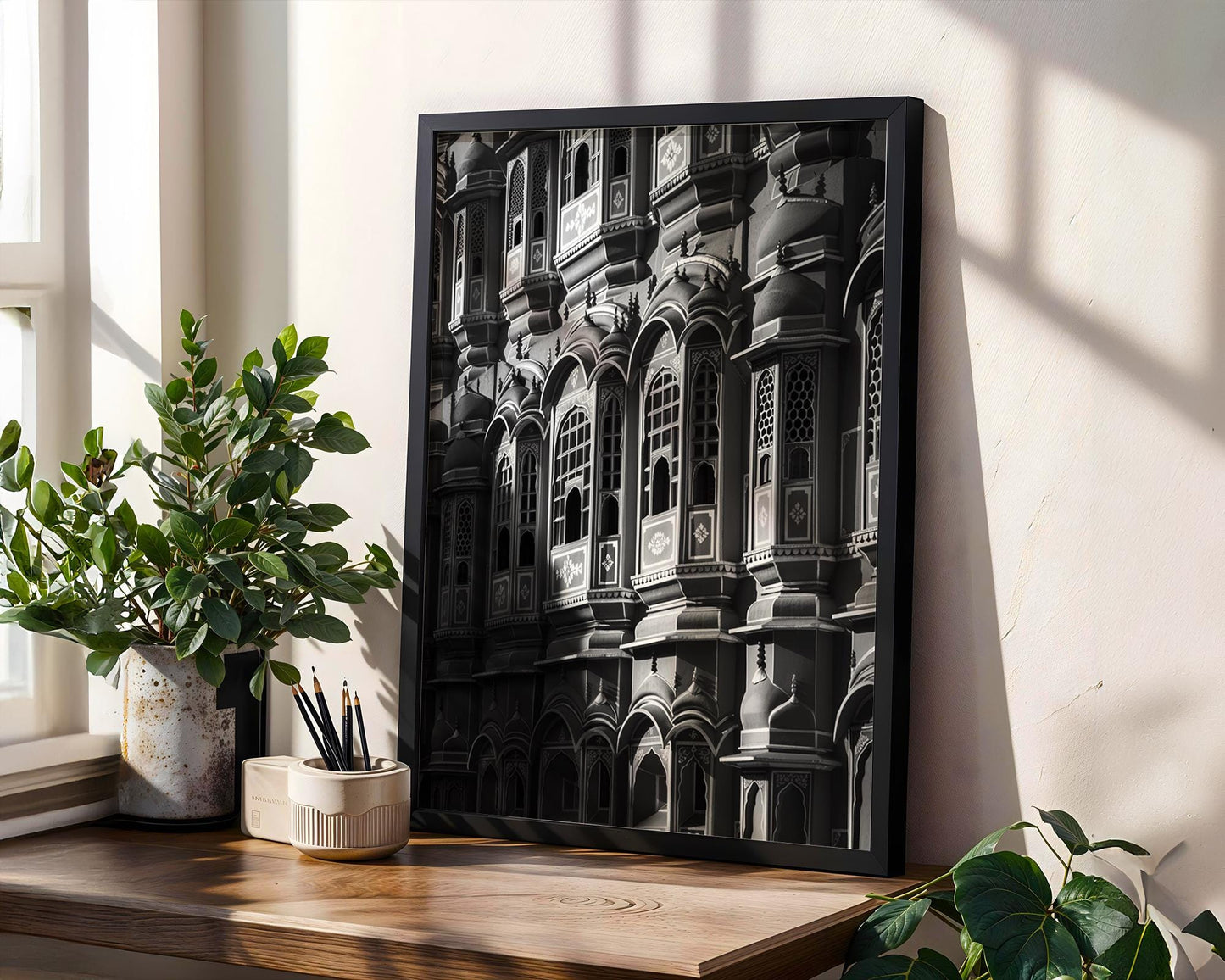 World Landmark | Hawa Mahal Architecture Print | Jaipur Palace of Winds, India wall art print, black and white architectural poster, minimalist modern Scandinavian wall decor, Monohaus