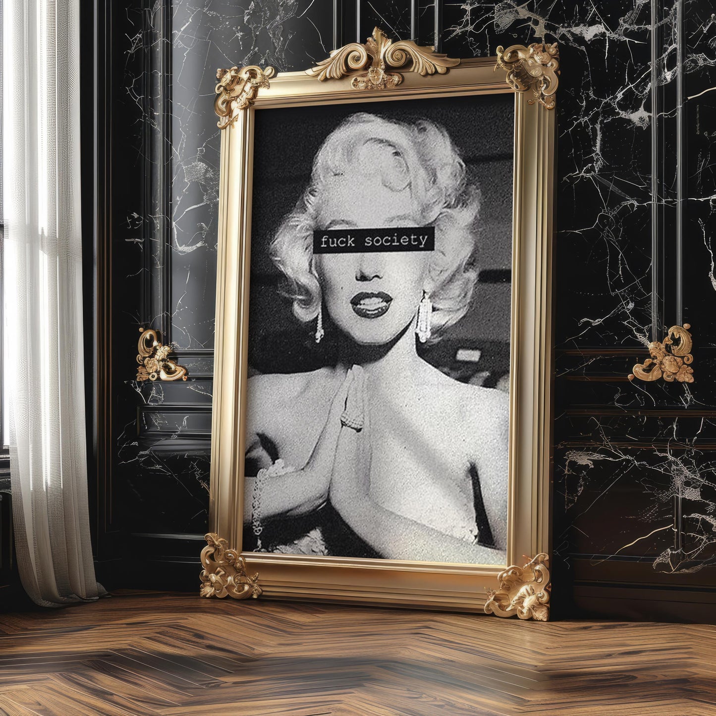 Designer Wall Art | Monochrome Monroe Portrait Print | Bold Censored Text, Pop Art Poster wall art print, minimalist black and white poster, modern Scandinavian wall decor, Monohaus