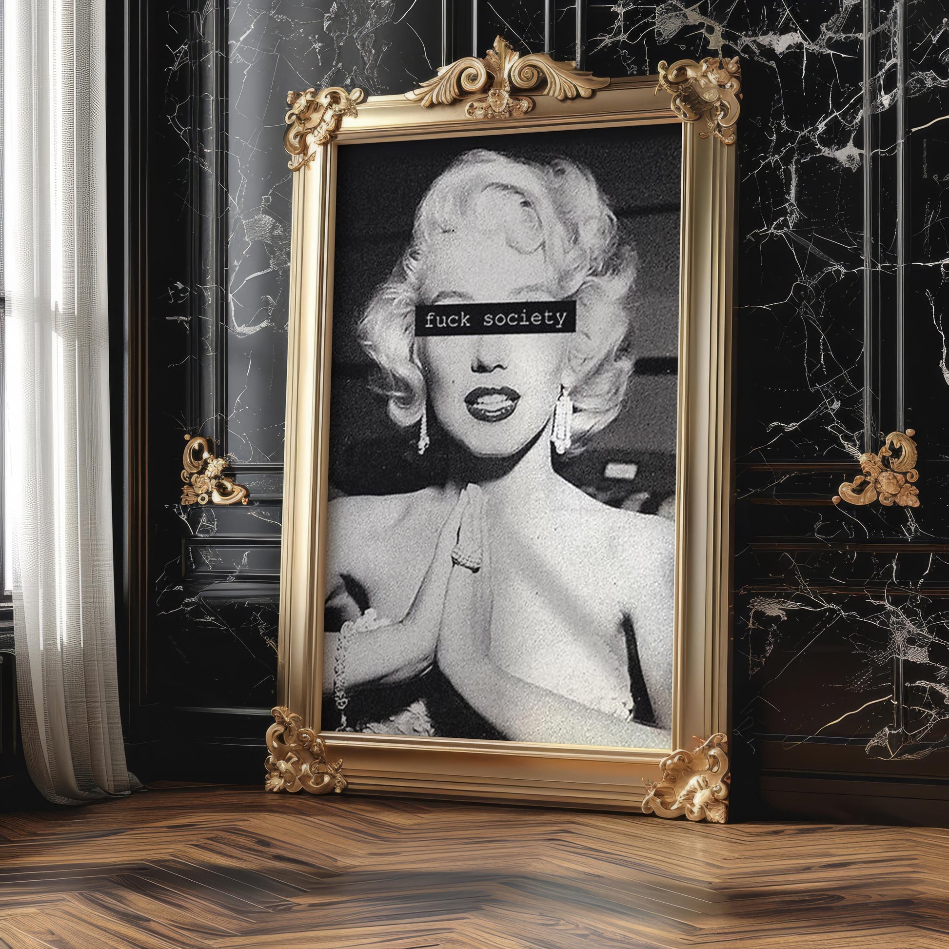 Designer Wall Art | Monochrome Monroe Portrait Print | Bold Censored Text, Pop Art Poster wall art print, minimalist black and white poster, modern Scandinavian wall decor, Monohaus