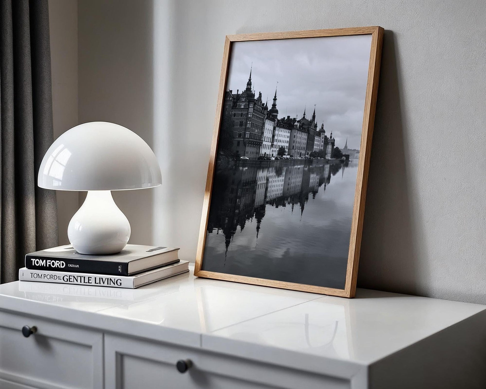 World Landmark | Stockholm Waterfront Print | Black and White Photography, Nordic Architecture wall art print, black and white architectural poster, minimalist modern Scandinavian wall decor, Monohaus