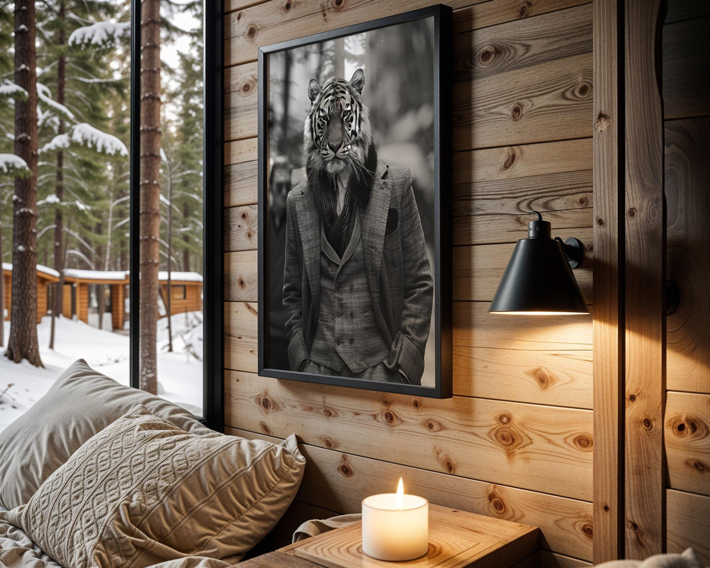 Designer Wall Art | Tiger Portrait in Formal Wear | Black and White Animal Print wall art print, minimalist black and white poster, modern Scandinavian wall decor, Monohaus