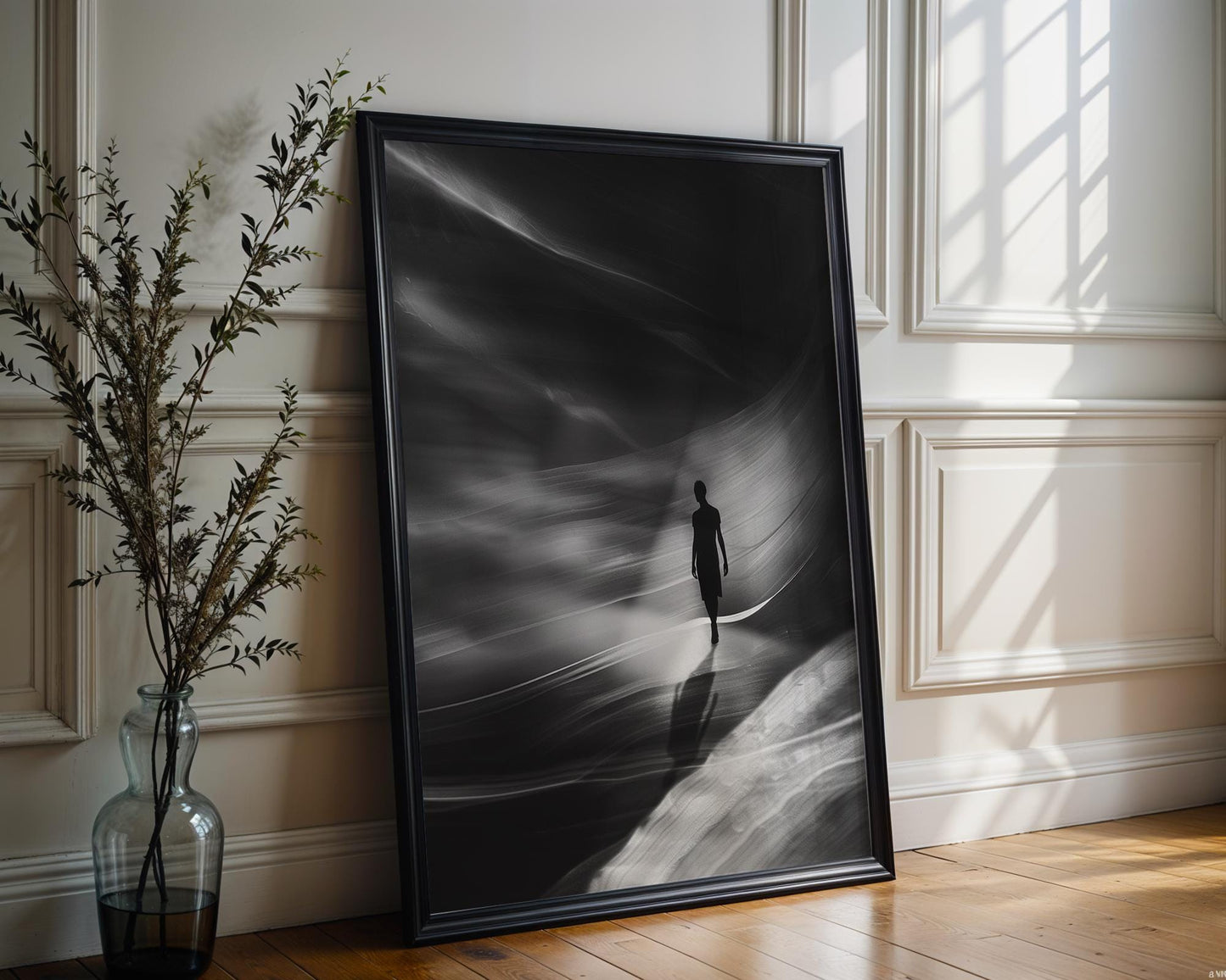Minimal Wall Art Walking in Light and Shadow | Black and White Photography wall art print, minimalist black and white poster, modern Scandinavian wall decor, Monohaus
