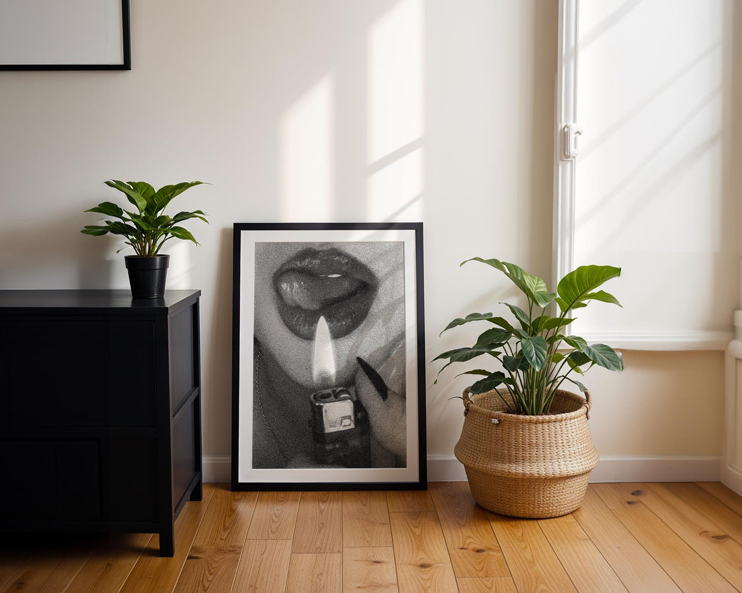 Designer Wall Art | Lips with Lighter Photography | Black and White Seductive wall art print, minimalist black and white poster, modern Scandinavian wall decor, Monohaus