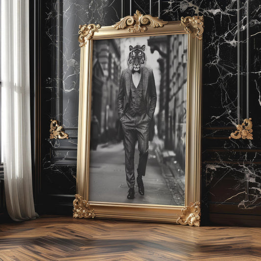 Designer Wall Art | Tiger Print in Full Tweed Suit | Black and White Photography wall art print, minimalist black and white poster, modern Scandinavian wall decor, Monohaus