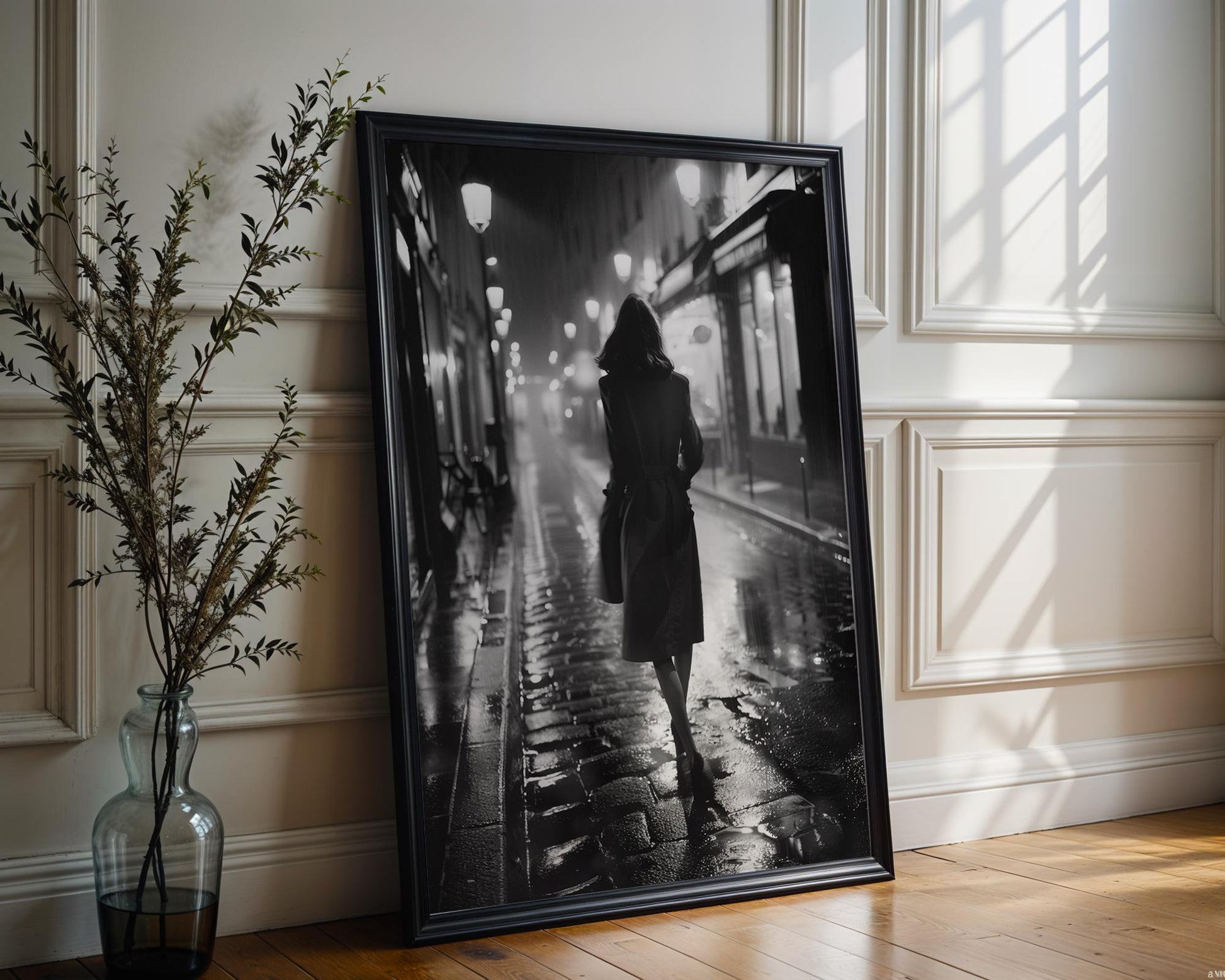 Paris Noir Photography Print | Woman Walking, Urban Night Scene black and white photo print, minimalist monochrome wall art poster for modern interiors, Monohaus